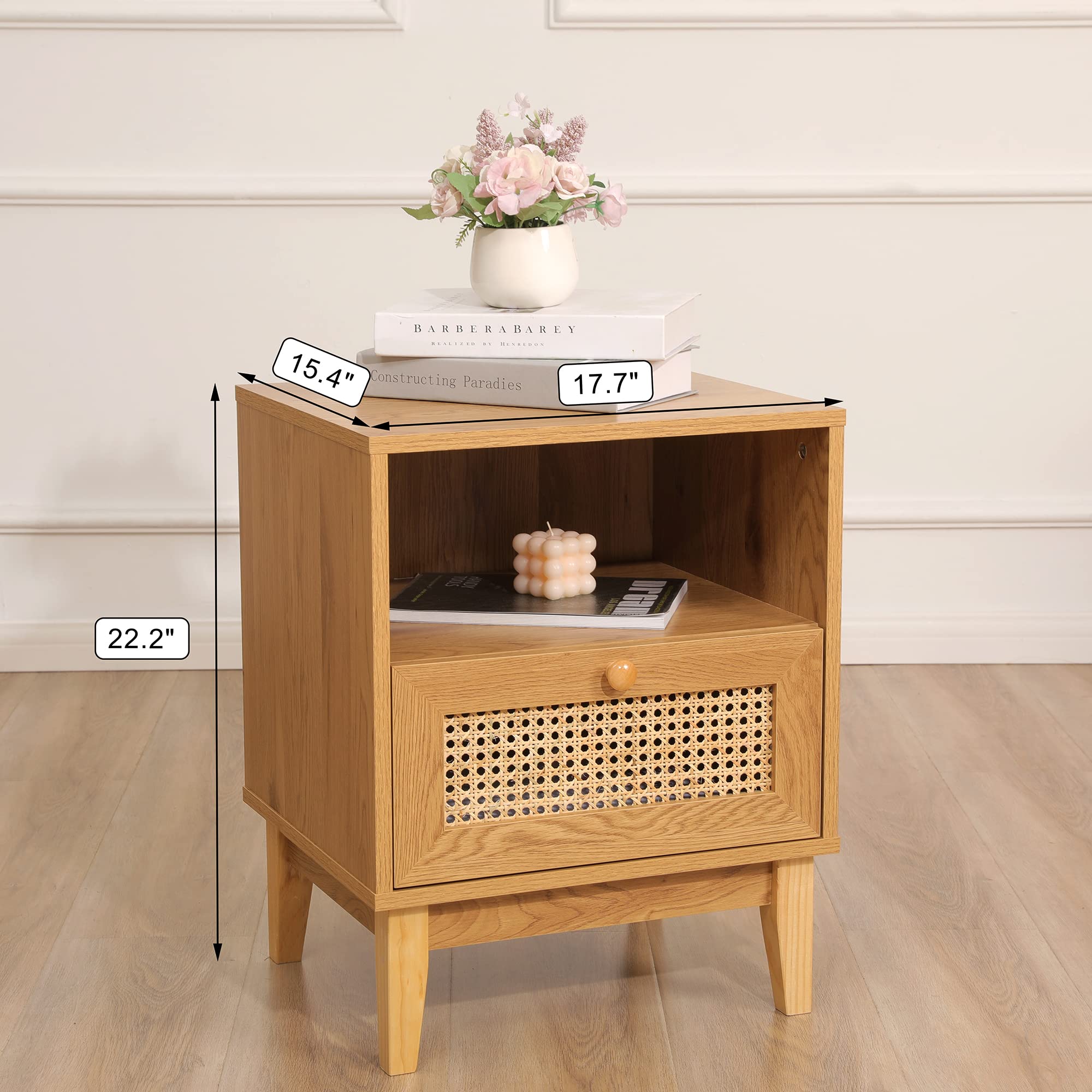 Rattan Nightstand Set of 2 - Boho Bedside Tables with Open Shelf & Drawers for Bedroom Decor - Perfect for Small Spaces, Guest Rooms, and Modern Farmhouse Style