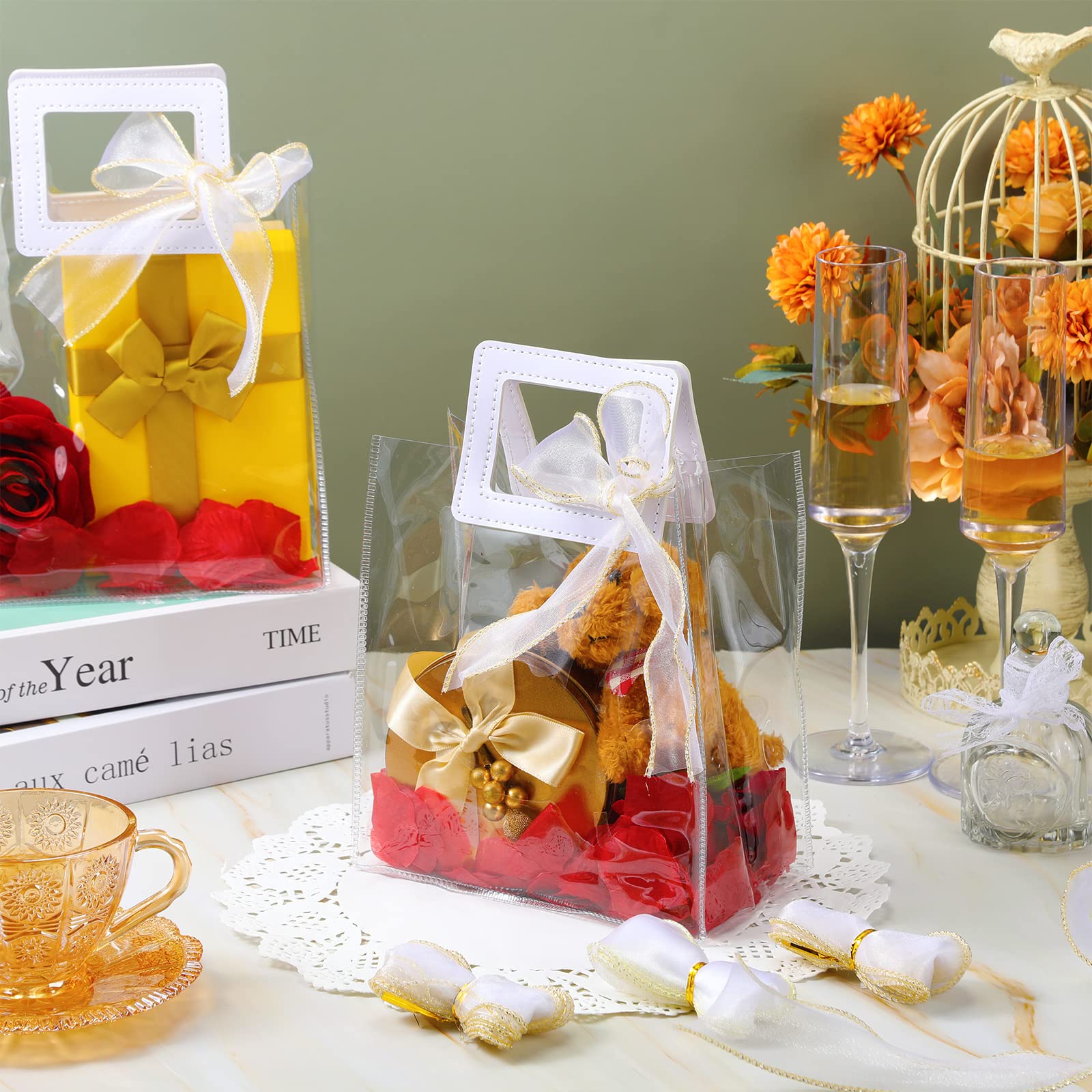 PerKoop 48 Pack Clear PVC Gift Bags with Handles - 7x4x8 Inch Heavy Duty Reusable Tote Bags for Baby Shower, Wedding & Birthday - Includes 10 Rolls Fishtail Ribbon - Perfect for Party Favors, Gift Wrapping & Special Occasions