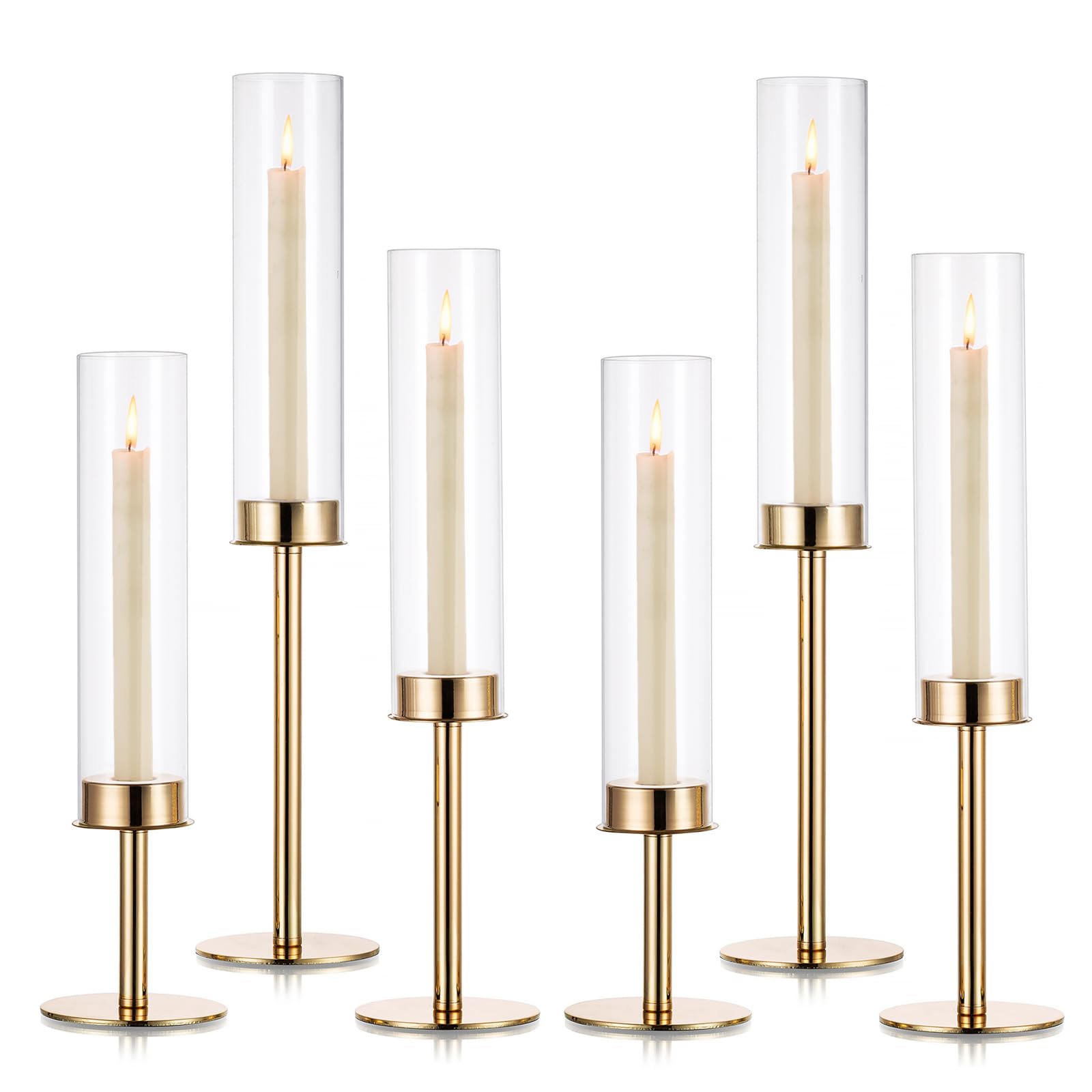 Gold Hurricane Glass Candle Holders Set of 3 - Elegant Taper Candle Stands for Weddings, Dining Tables & Christmas Decor - Perfect Centerpiece for Romantic Dinners, Holiday Parties & Home Decor
