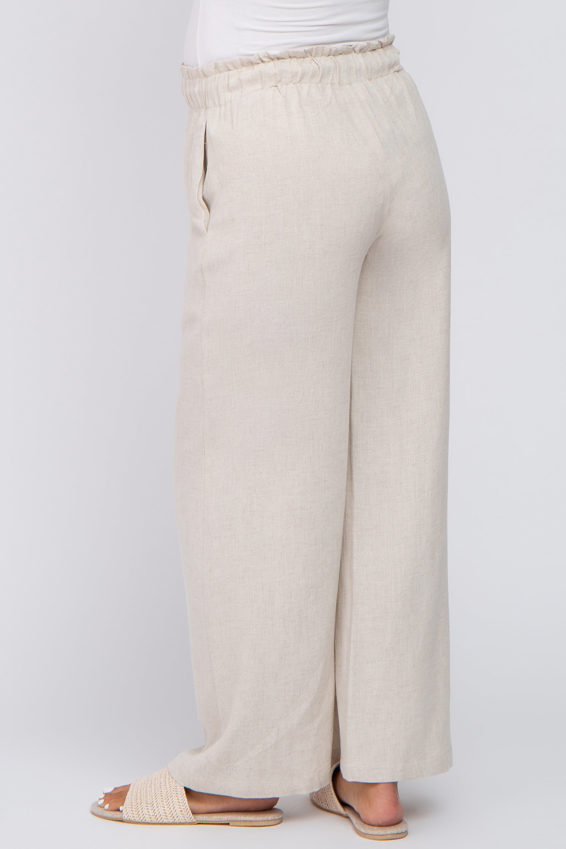 Beige Linen Maternity Pants with Smocked Waist - Comfortable Pregnancy Pants for Work, Travel & Everyday Wear
