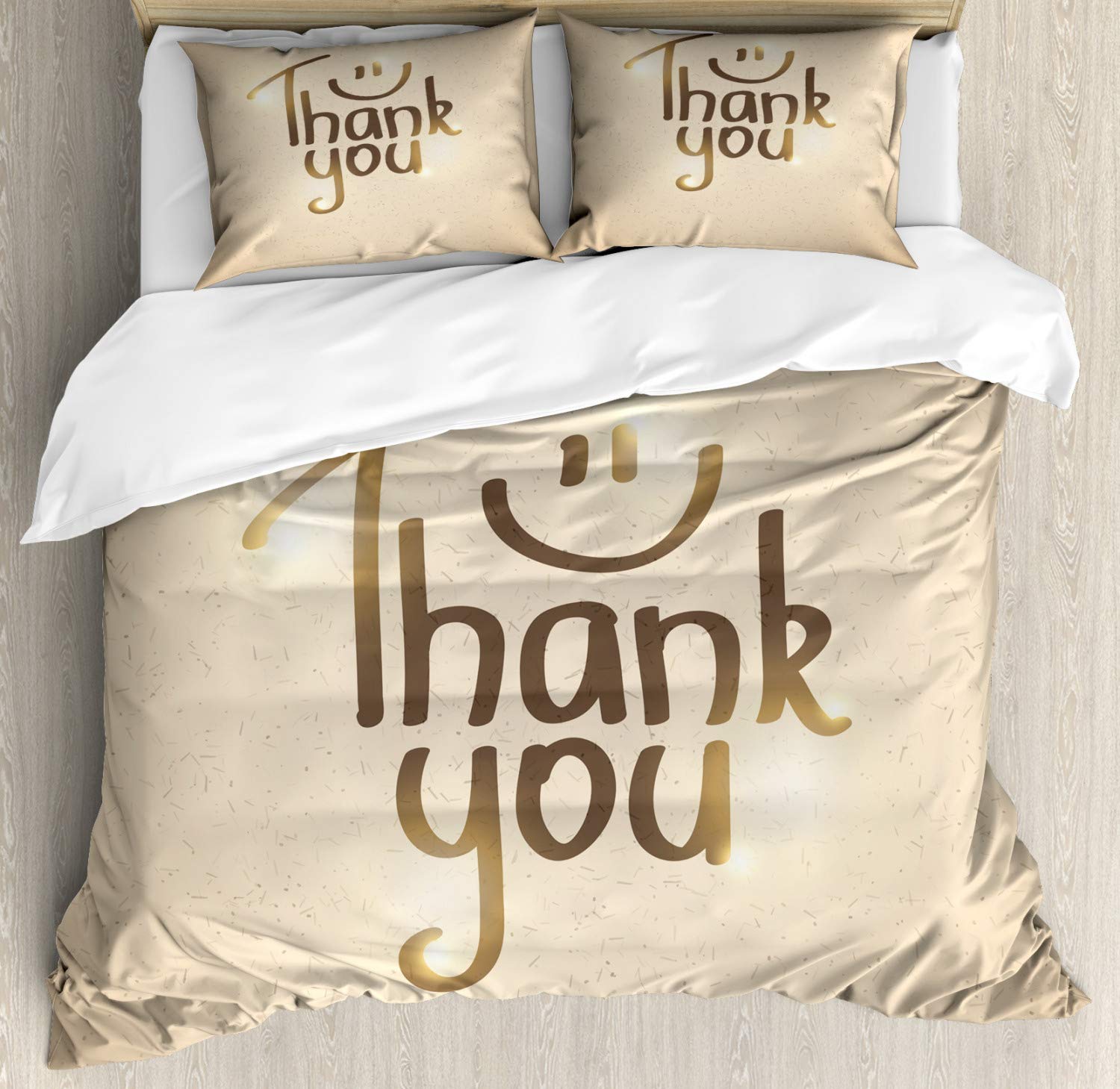 Ambesonne Thank You Duvet Cover Set 3-Piece California King - Beige Umber Grunge Style Typography with Smiling Face Design, Soft Bedding Set Includes Duvet Cover + 2 Pillow Shams - Perfect for Guest Rooms, Dorm Decor & Cheerful Home Bedroom Makeover