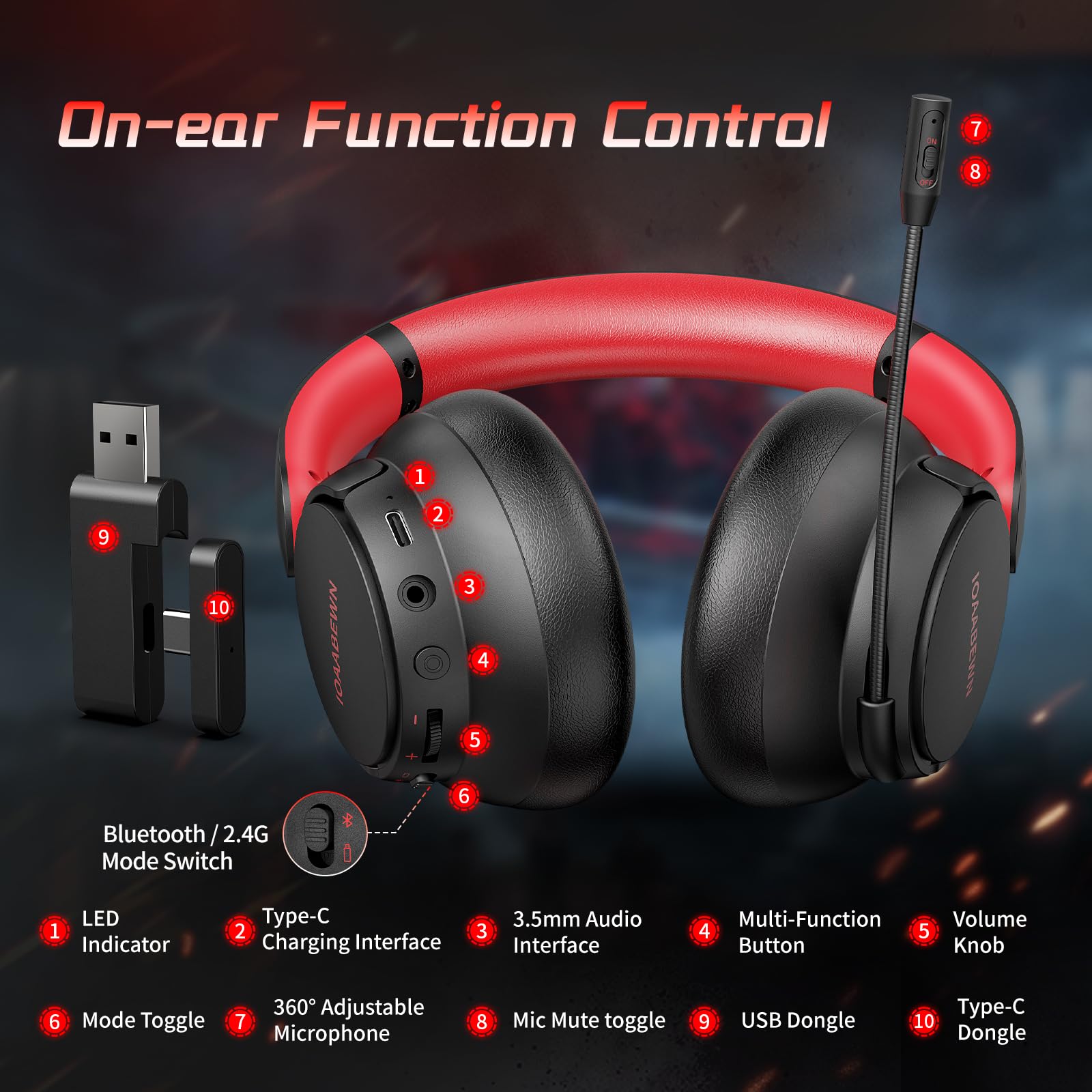 Wireless Gaming Headset for PS5, PS4, PC & Switch - 55Hr Battery Life, 2.4Ghz/Bluetooth 5.3 with Noise-Canceling Mic - Black & Red Design for Pro Gamers & Streaming (Compatible with Playstation 5, Xbox, Nintendo Switch & Desktop Computers)
