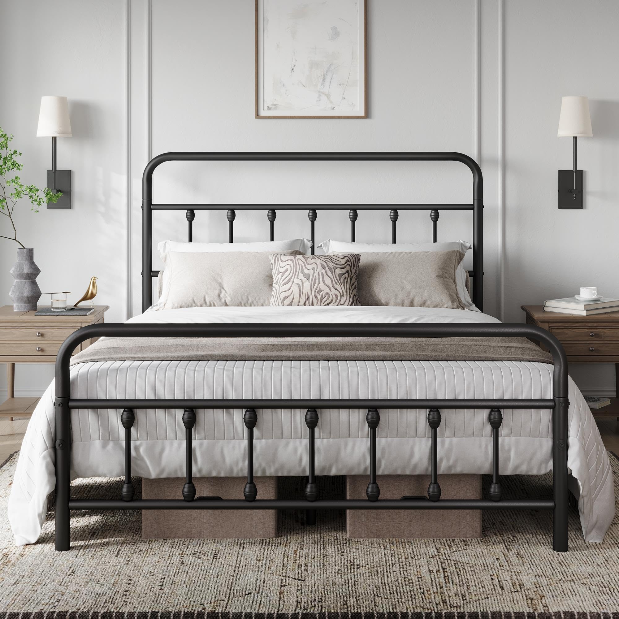 Yaheetech Queen Size Metal Platform Bed Frame with Victorian Iron-Art Headboard - No Box Spring Needed, Under Bed Storage - Classic Black Bedroom Furniture for Master Bedroom, Guest Room & Dorm