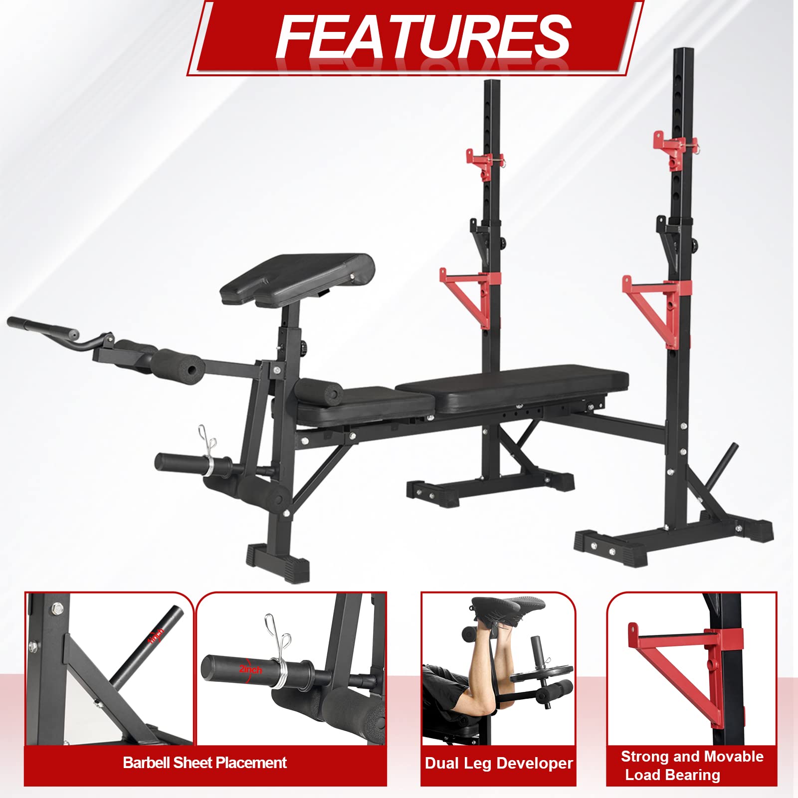 Bongkim Adjustable Weight Bench with Squat Rack - Multi-Purpose Foldable Workout Bench & Barbell Stand for Home Gym - Supports 660Lbs for Bench Press, Strength Training & Full-Body Exercises