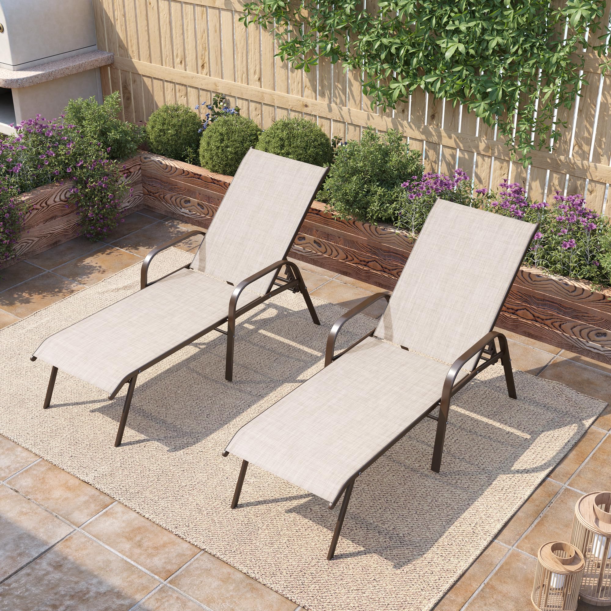 Adjustable Patio Chaise Lounge Chair - 5-Position Steel Folding Outdoor Recliner for Beach, Pool, Yard & Garden - 2-Piece Set in Beige - Perfect for Sunbathing, Relaxing by the Poolside or Backyard Lounging