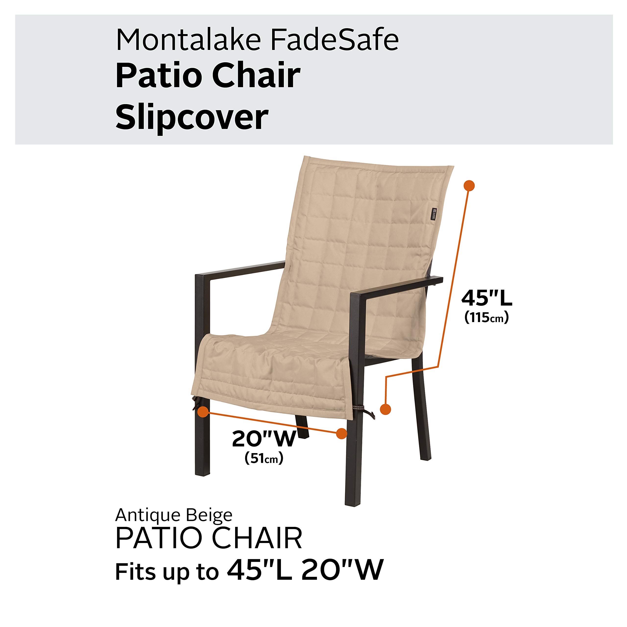 Classic Accessories Montlake 45 Inch Water-Resistant Patio Chair Slipcover, Antique Beige, Durable Outdoor Furniture Cover for All-Weather Protection, Perfect for Patio, Deck, and Garden Use