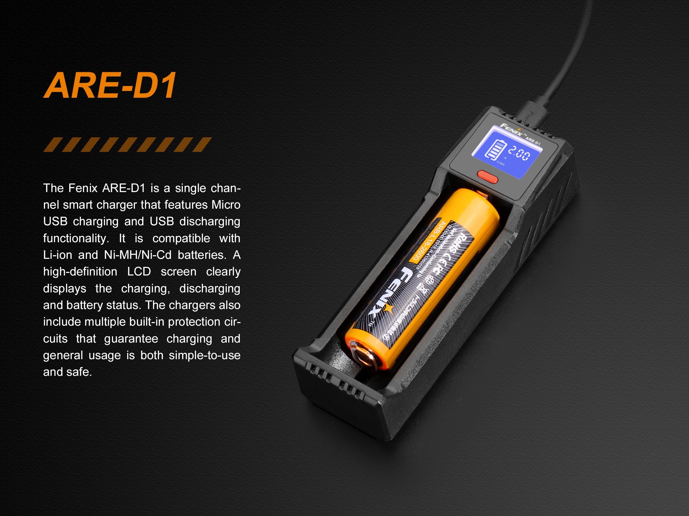 Fenix ARE D1 Single Channel Smart Battery Charger - Fast & Safe Charging for AA AAA NiMH NiCd Batteries - Perfect for Home, Office, and Travel Use