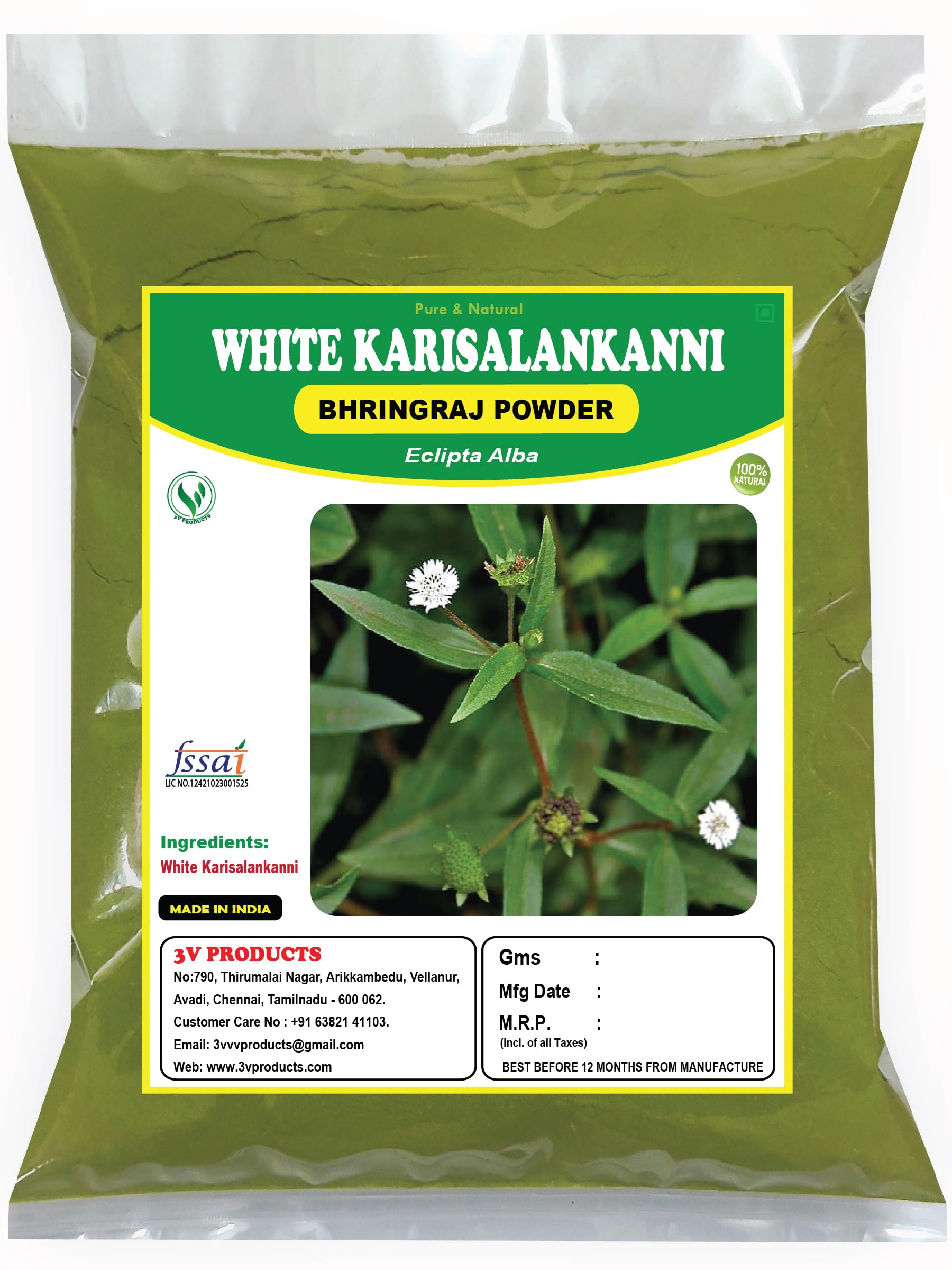 3V PRODUCTS Bhringraj Powder - Pack of 3x50g | Karisalankanni (Eclipta Alba) for Hair Growth & Scalp Care | Natural Ayurvedic Hair Treatment | Promotes Thicker, Longer Hair | Perfect for DIY Hair Masks & Herbal Remedies