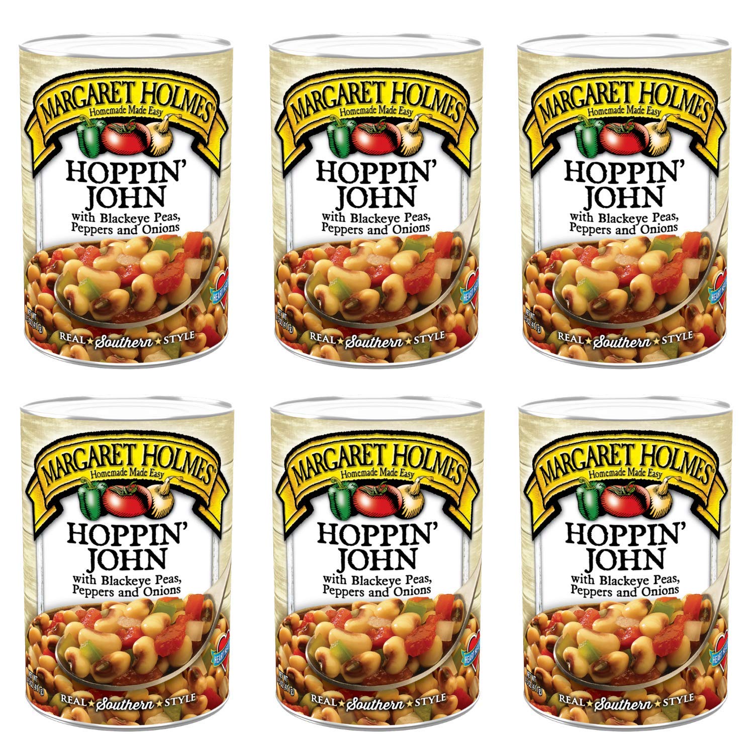 Margaret Holmes Hoppin' John with Blackeye Peas, Tomatoes, Onions & Jalapenos - 14.5 Oz Can (Pack of 6) - Ready to Eat Southern Style Side Dish for BBQ, Potlucks & Family Dinners