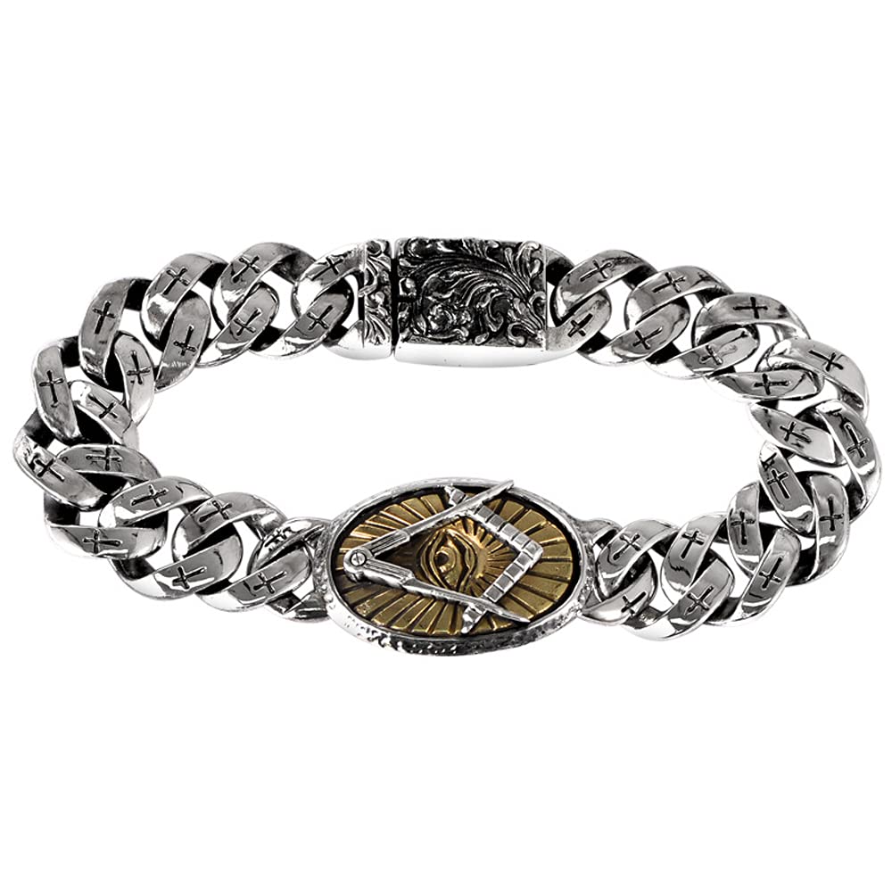 **Masonic All Seeing Eye Cuban Chain Bracelet for Men - 925 Sterling Silver Punk Jewelry, 13mm Width, 19/20 cm Length - Perfect for Gifts, Streetwear & Occult Fashion**