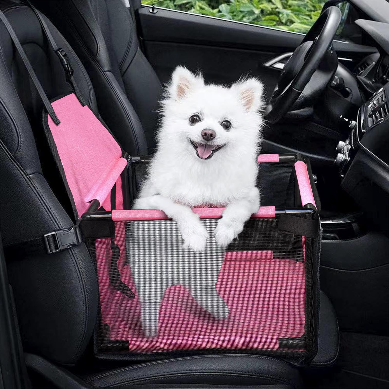 Best Dog Car Seat for Small & Medium Dogs - Portable Pet Booster Seat with Clip-On Leash & Mesh Window (Up to 20 lbs) - Perfect for Road Trips & Safe Car Travel