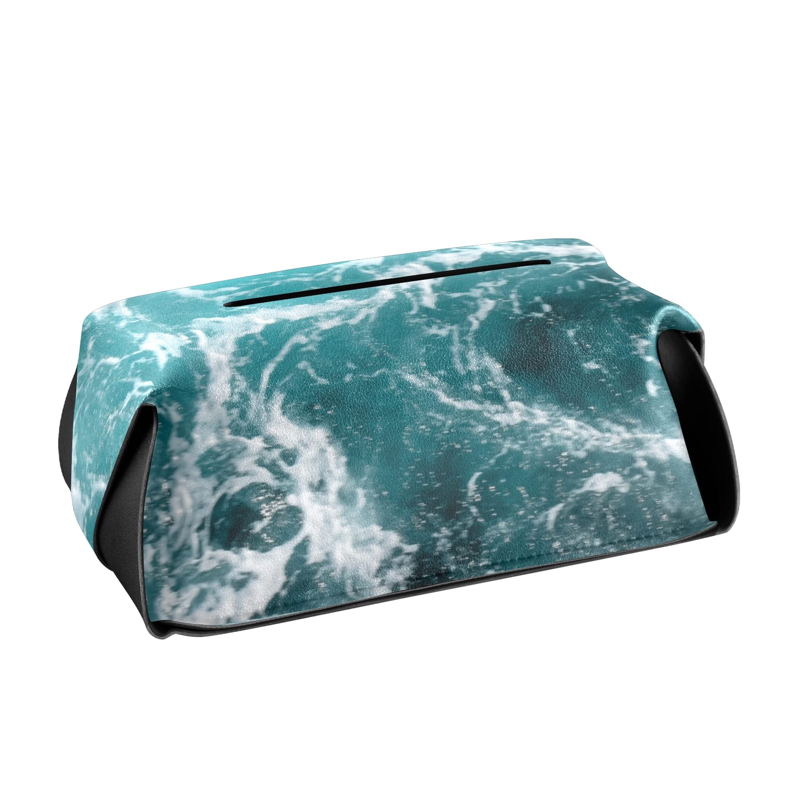 Turquoise Ocean Wavy Surface Leather Tissue Box Cover with Handle - 5.7x5.7x5.7 Inch Square Design for Bathroom, Home, Office & Car - Perfect for Nightstands, Vanity Countertops and Desks - Water Splash Close-Up Texture