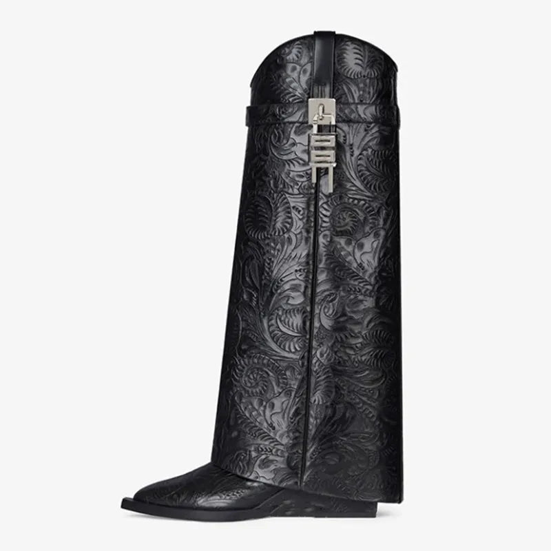2024 Women's Designer Over-the-Knee Leather Boots - Shark Lock Retro Pattern, Thick Sole & High Heel, Fashion Long Boots for Party, Night Out & Winter Style