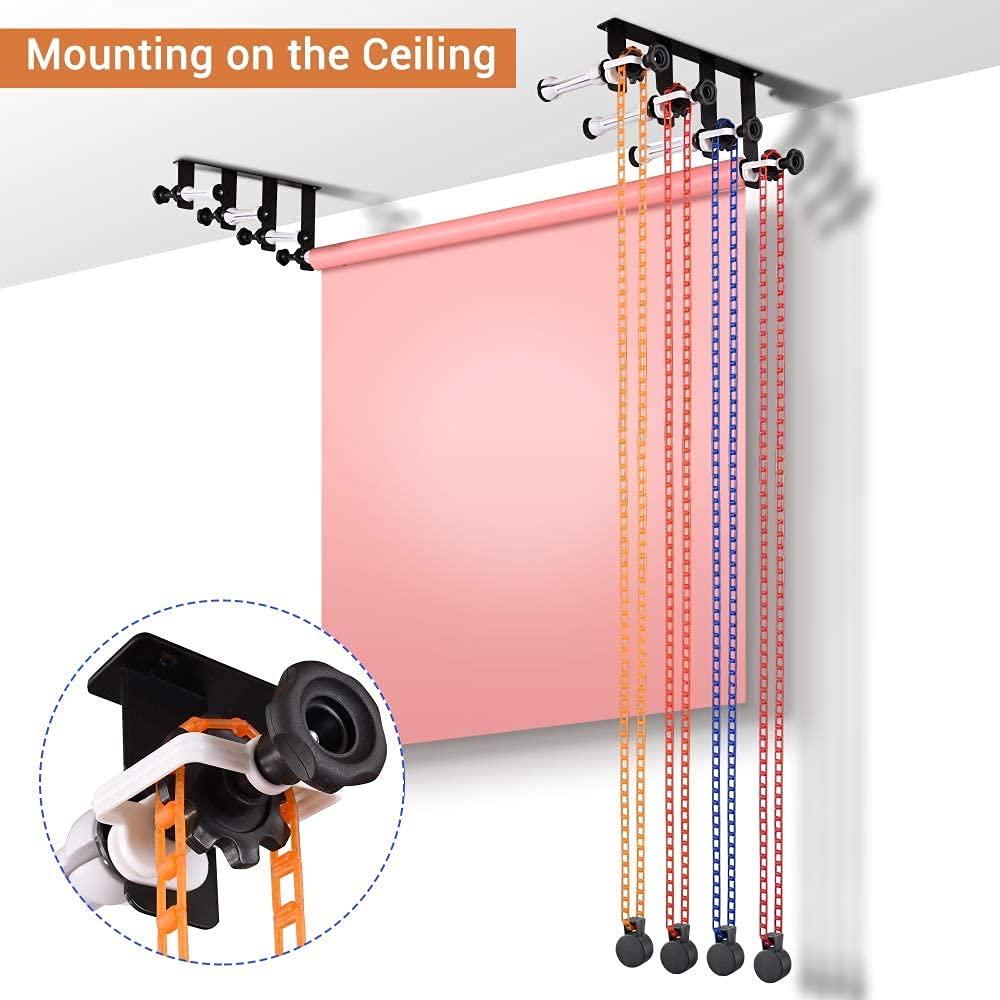 Professional Photography Backdrop Wall Mount System with 8 Extension Rods & 4 Chains - Heavy Duty Backdrop Roller for Home Studio, Live Streaming, YouTube Videos, Portrait Photography, and Product Shoots