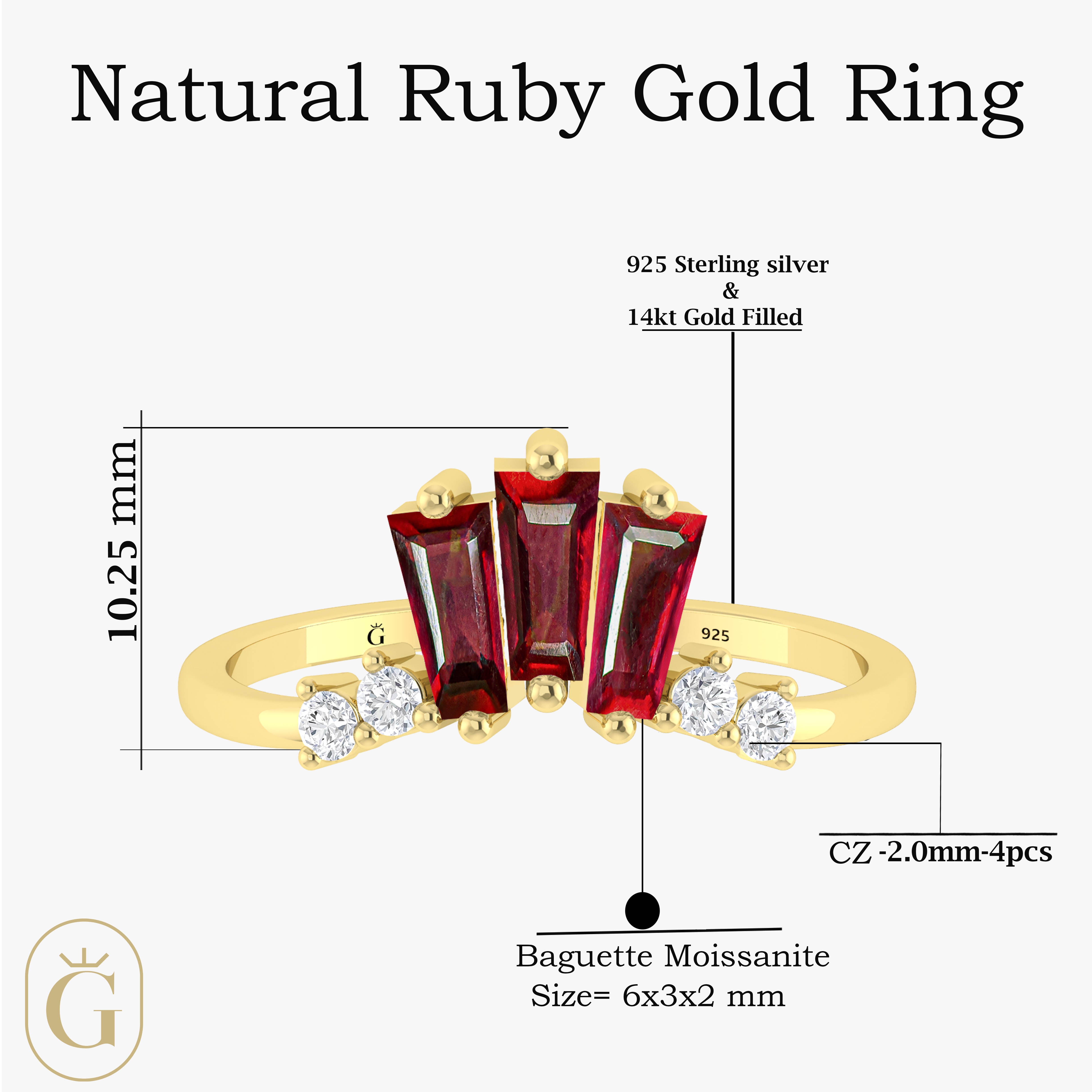 Baguette Ruby Ring with CZ Accents - Elegant Statement Jewelry for Women, Perfect for Weddings, Parties & Special Occasions