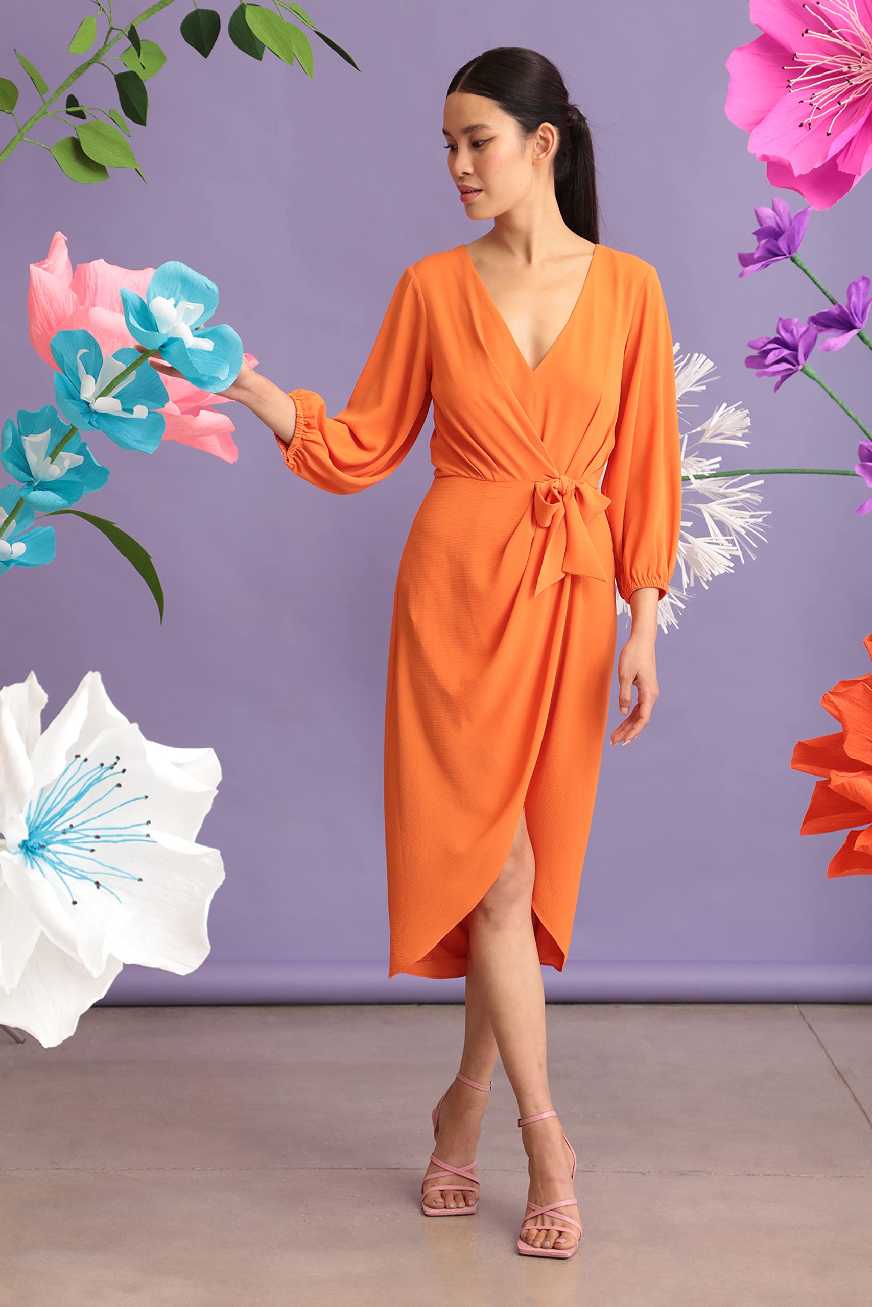 Maggy London Women's Long Sleeve V-Neck Faux Wrap Crepe Dress for Wedding Guest, Cocktail Party & Special Occasions - Elegant Formal Event Wear