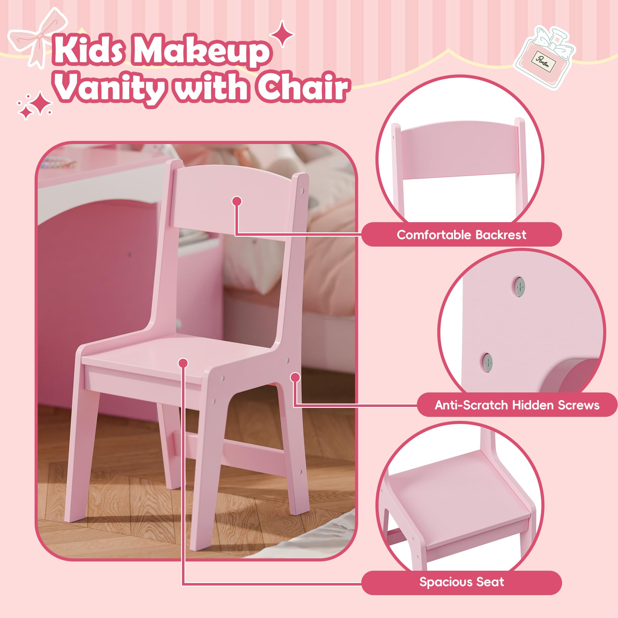 MU Kids Vanity with Lights - Princess Makeup Vanity Desk with Open Bookshelf, Storage Cabinet & Shelves | 2-in-1 Toddler Vanity Table & Chair Set with LED Mirror for Little Girls (Pink) | Perfect for Bedroom Decor, Birthday Gifts & Pretend Play