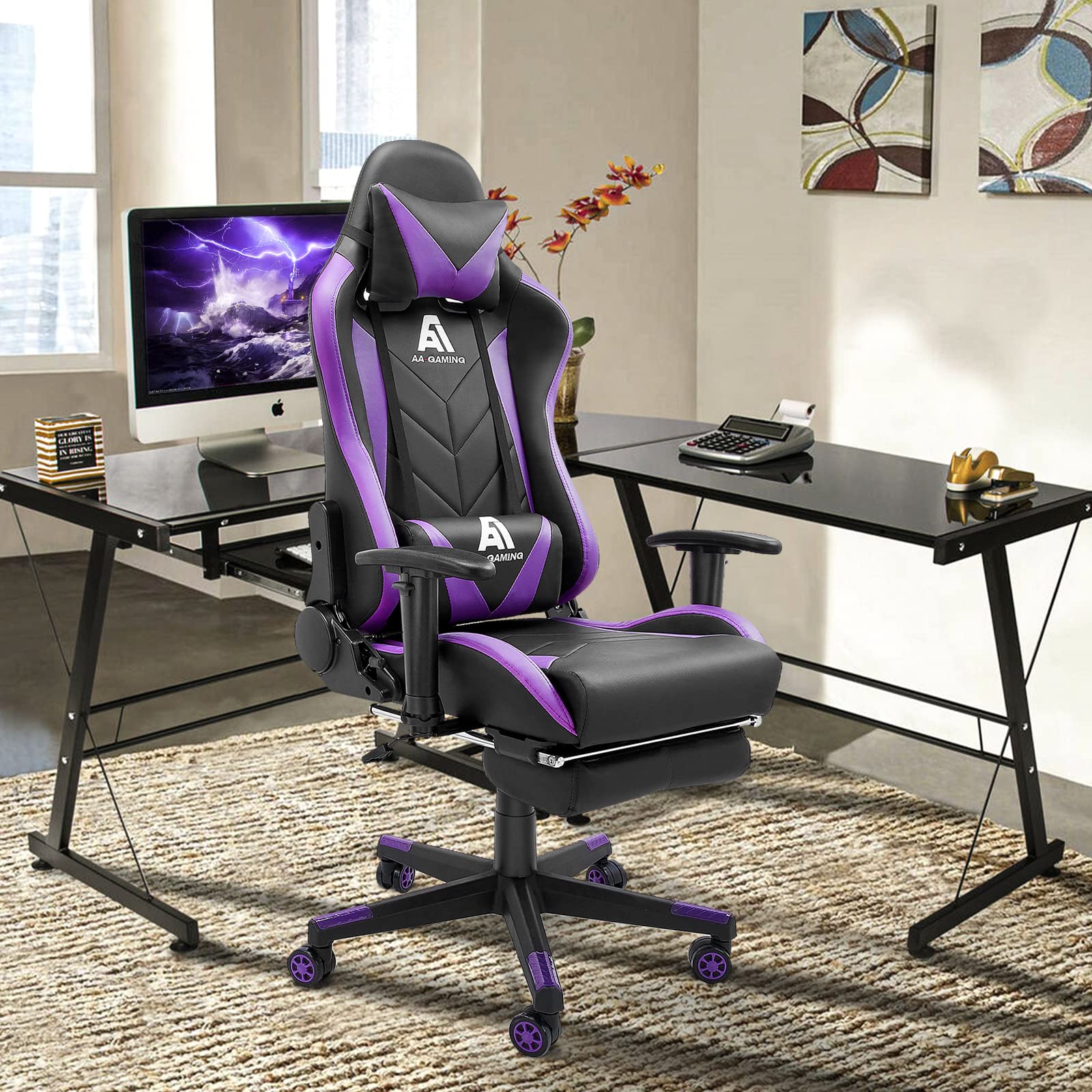Premium Ergonomic Gaming Chair - High Back Racing Office Chair with Adjustable Lumbar Support, Footrest & 360° Swivel (Upgraded Black/Purple) - Perfect for PC Gaming, Streaming & Home Office Workspace