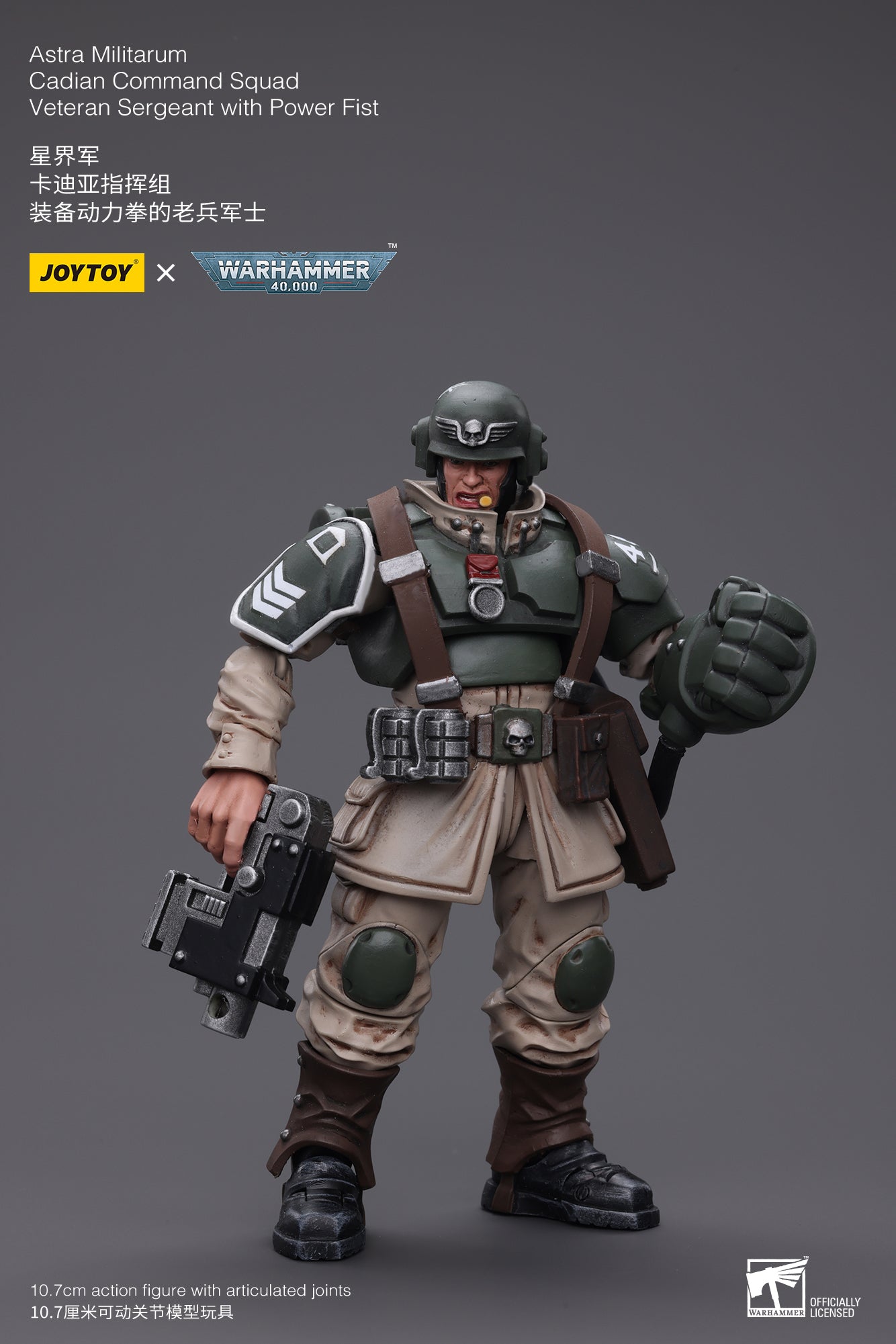 1/18 Scale JOYTOY 3.75-inch Warhammer 40K Astra Militarum Cadian Command Squad Veteran Sergeant Action Figure with Power Fist - Perfect for Collectors, Tabletop Gaming & Warhammer 40K Displays