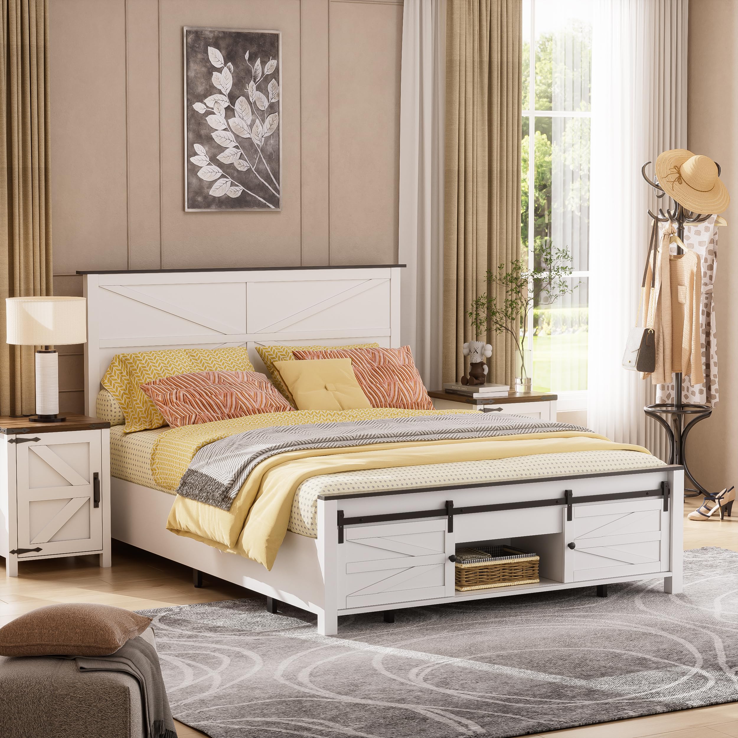 PAKASEPT Queen Size Bed Frame with Sliding Barn Door - Farmhouse Style Wooden Platform Bed with Storage, No Box Spring Required - Perfect for Bedroom, Guest Room & Farmhouse Decor (White)