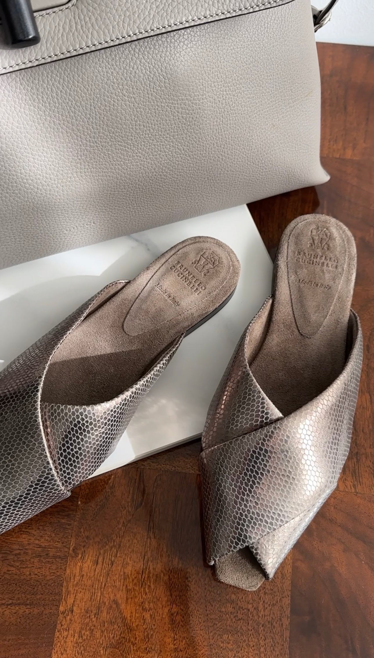 Brunello Cucinelli Pewter Metallic Leather Flat Slides - Women's Size 38.5 / 8 | Luxury Comfortable Slip-On Sandals for Casual Wear & Summer Outfits