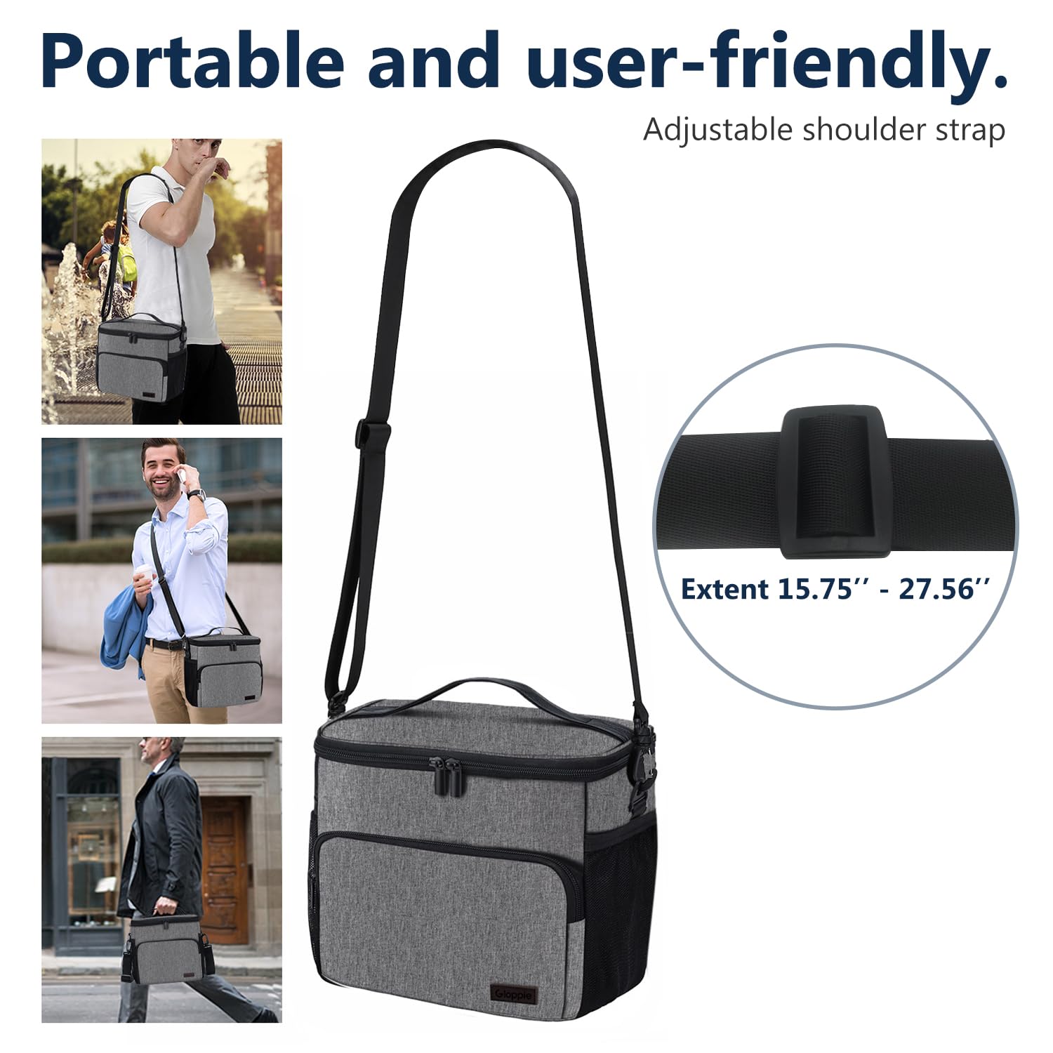 Gloppie Insulated Lunch Box for Men & Women - Reusable Cooler Bag for Work, School & Picnics - Grey - Perfect for Office, Travel & Outdoor Activities