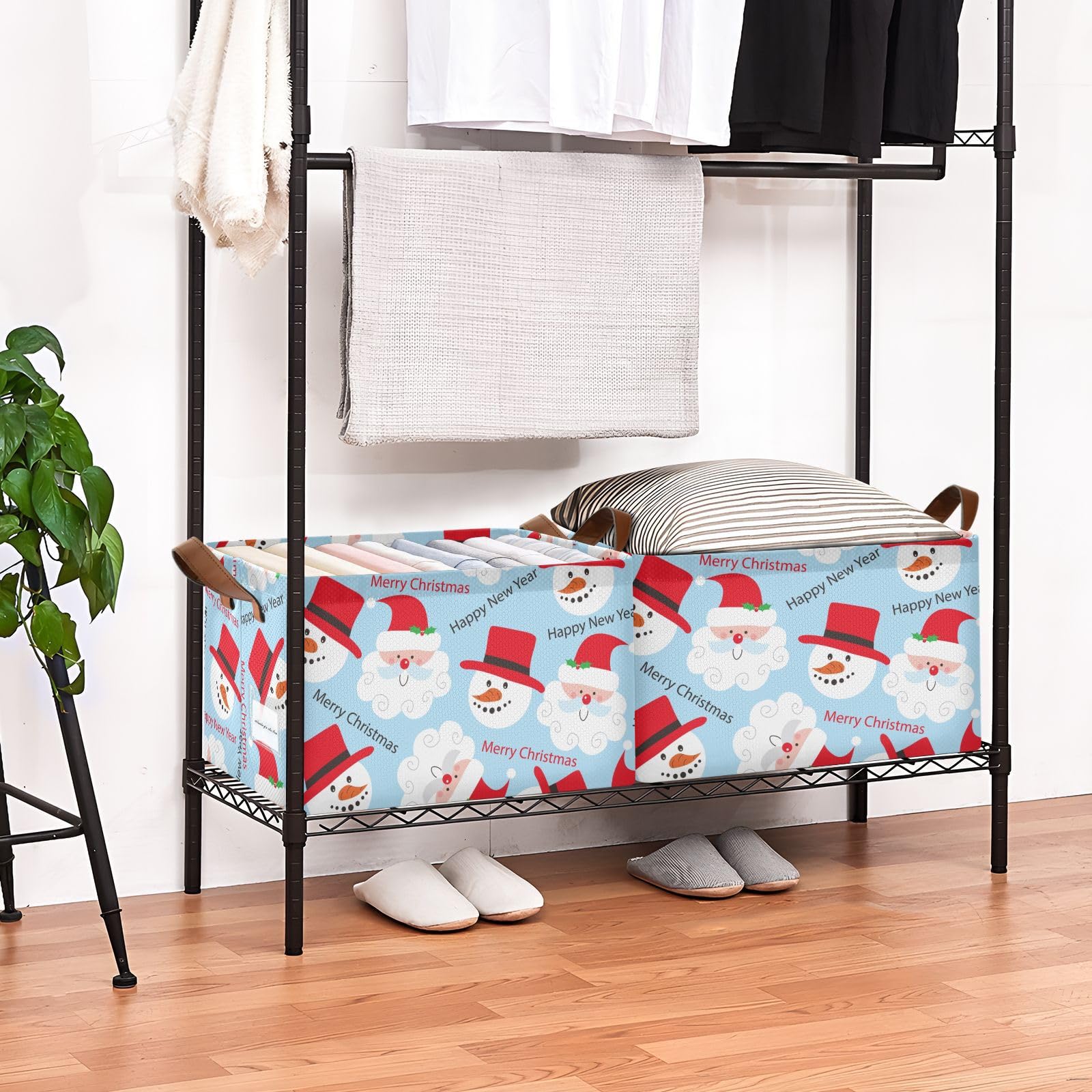 Yuiboo Large Fabric Storage Baskets with Handles - 2 Pack Christmas Holiday Organizer for Closet, Clothes, Toys & Home Decor (Santa & Snowman Design) - Perfect for Seasonal Decor, Gift Wrapping & Bedroom Storage