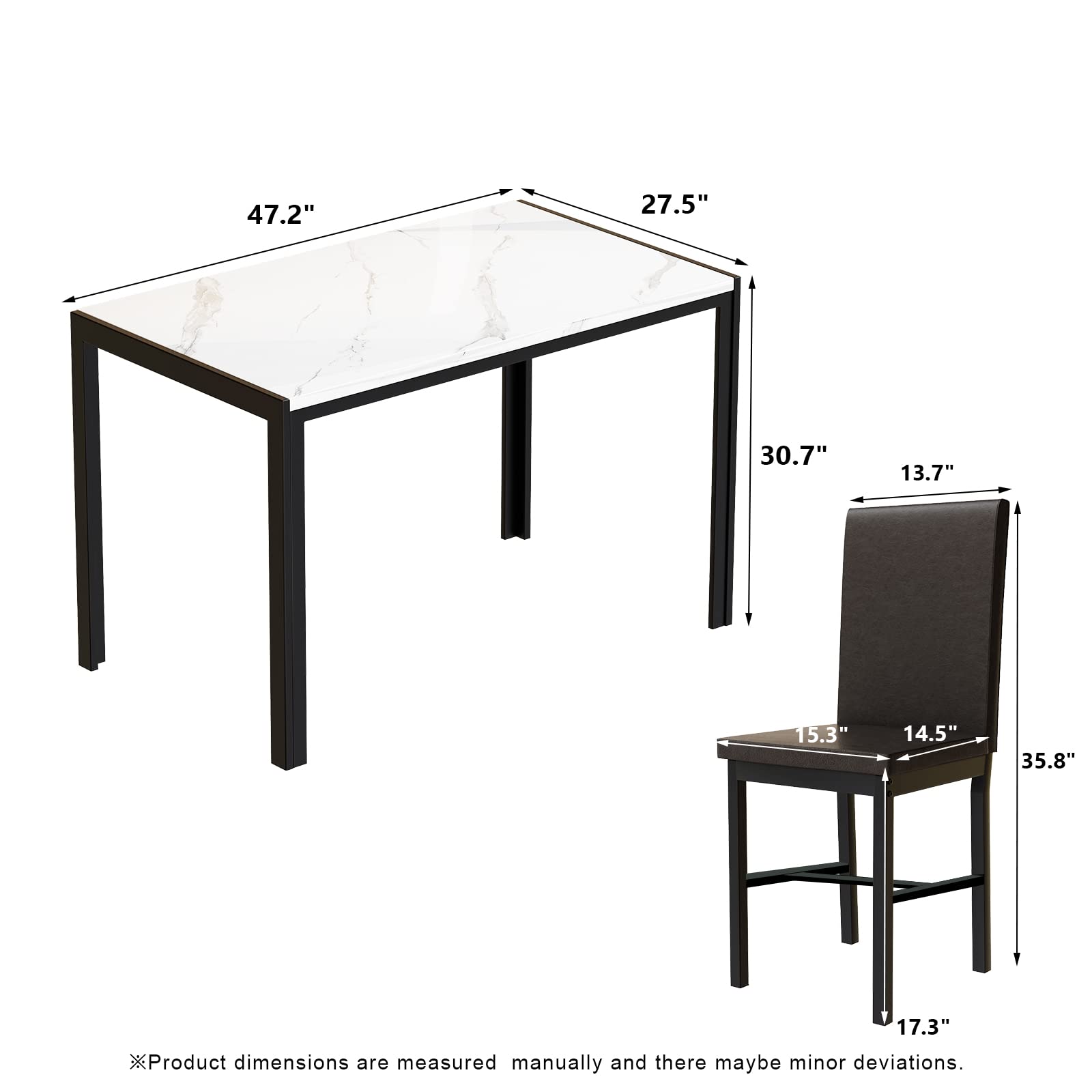 MIERE 5-Piece Marble Dining Set with Faux Leather Metal Frame Chairs - White Modern Kitchen Table & 4 Chairs for Dining Room, Breakfast Nook & Small Space | Perfect for Family Meals, Entertaining Guests & Cozy Breakfasts