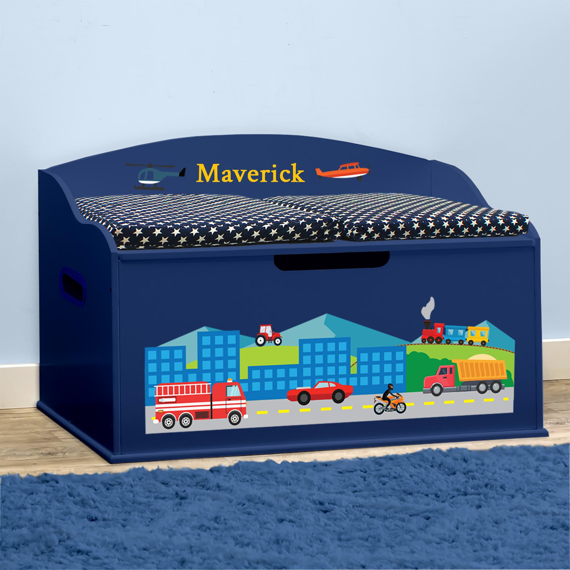 DIBSIES Personalized Creative Wonders Toy Box for Kids - Cars, Trucks, Planes & Trains Storage Organizer (Blue) | Perfect for Nursery, Playroom & Birthday Gifts