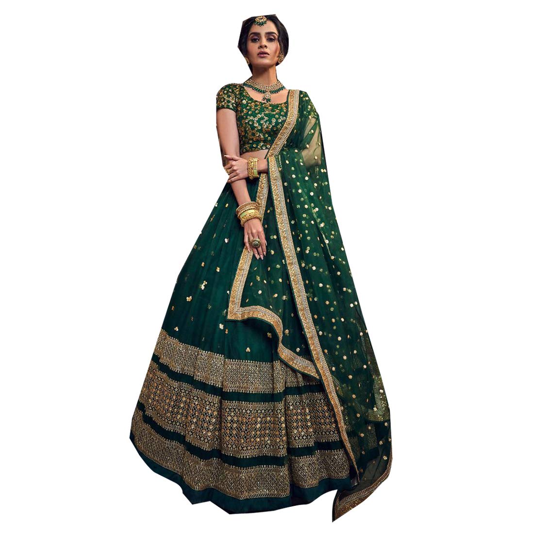 Green Designer Soft Net Sequins Embroidery Indian Wedding Lehenga Choli Dupatta Women Ghagra Skirt Dress 4749 | Elegant Saree for Bridal Party, Festivals & Special Occasions | SHRI BALAJI SILK & COTTON SAREE EMPORIUM