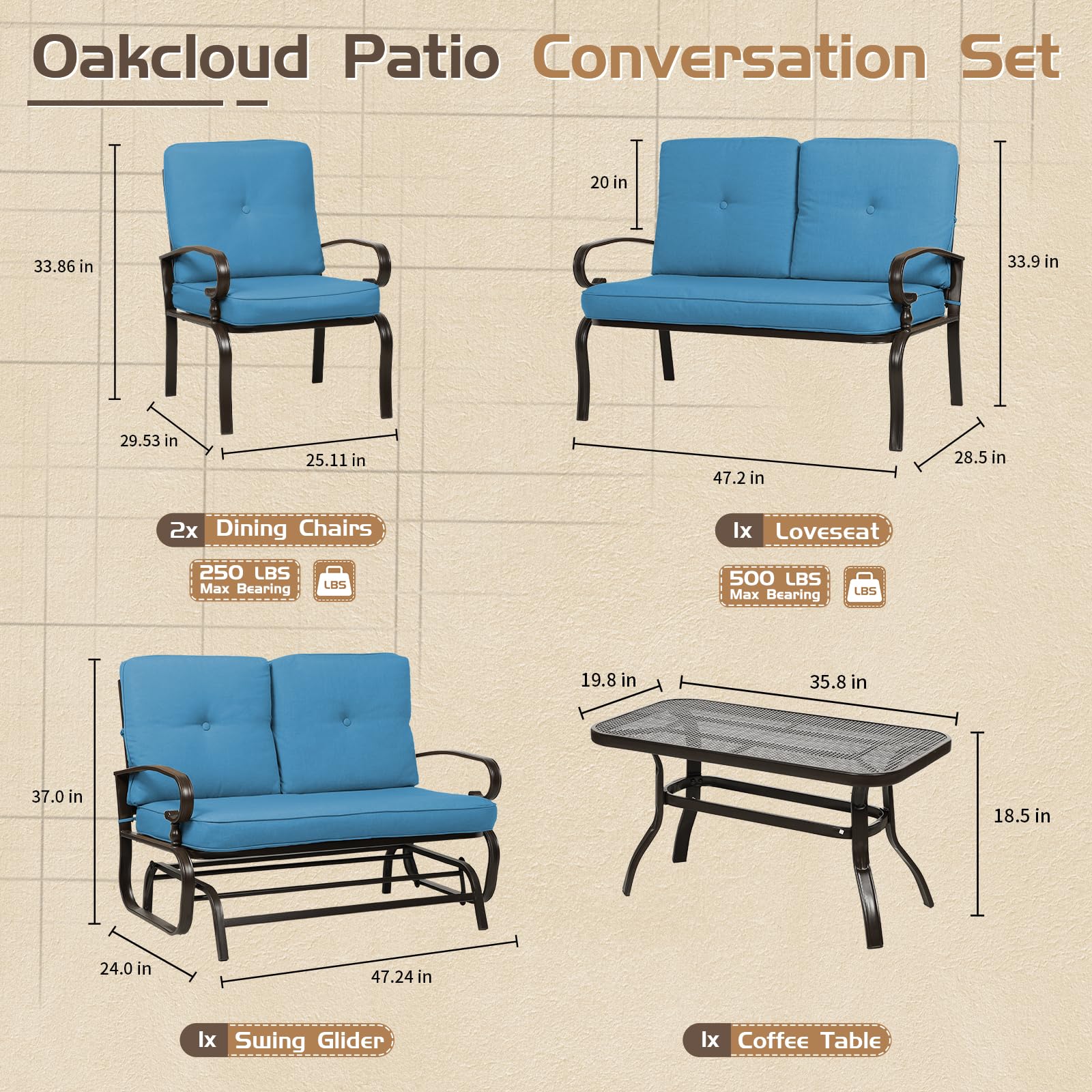 Oakcloud 5-Piece Outdoor Metal Patio Furniture Set - Wrought Iron Glider with 2 Chairs, Loveseat & Coffee Table in Peacock Blue - Perfect for Garden, Backyard, Poolside & Outdoor Relaxation