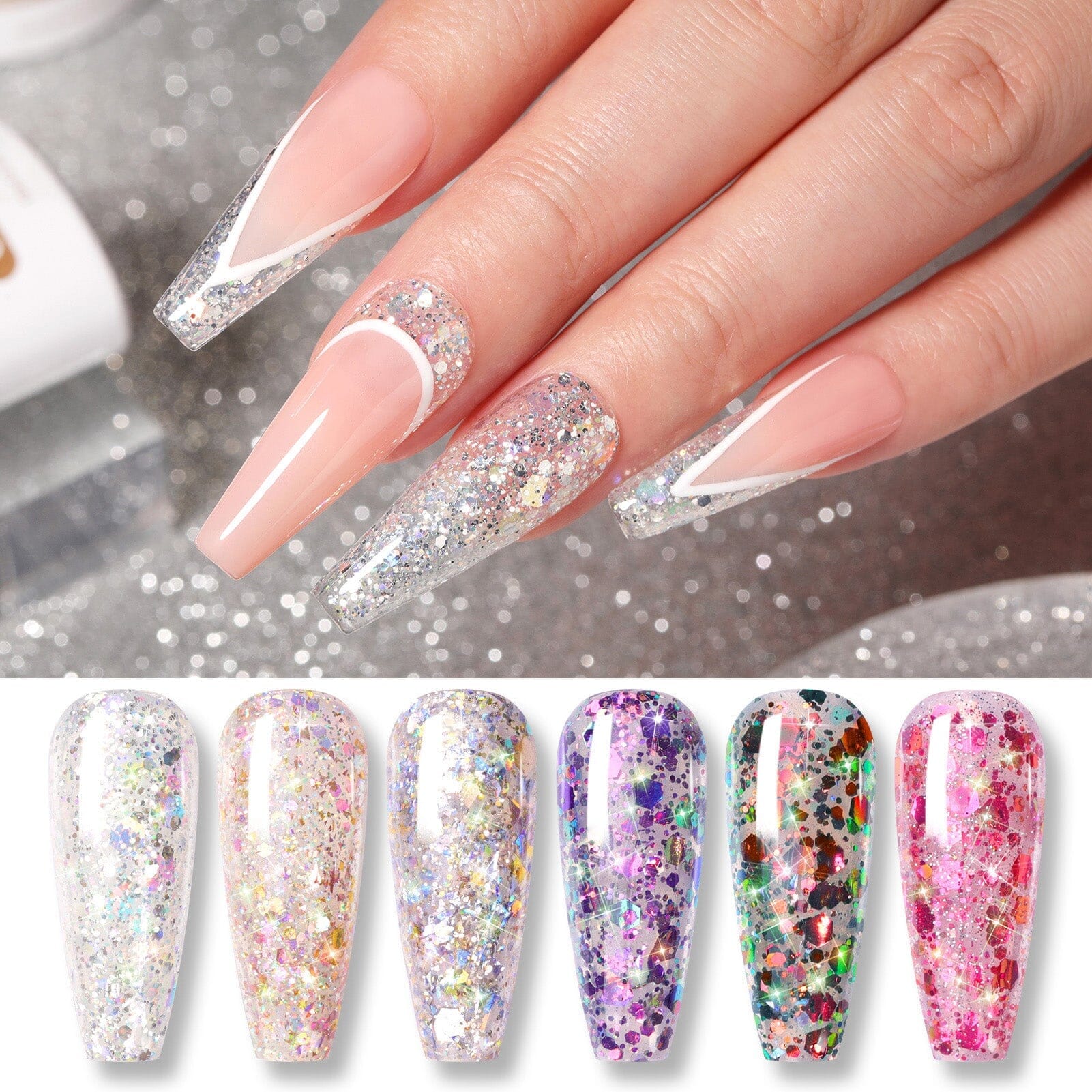 6 Colors Glitter Flakes Nail Gel Polish Set - 7ml Long Lasting UV LED Soak Off Gel for Nail Art, Manicure & Pedicure - Perfect for Parties, Weddings & Special Occasions