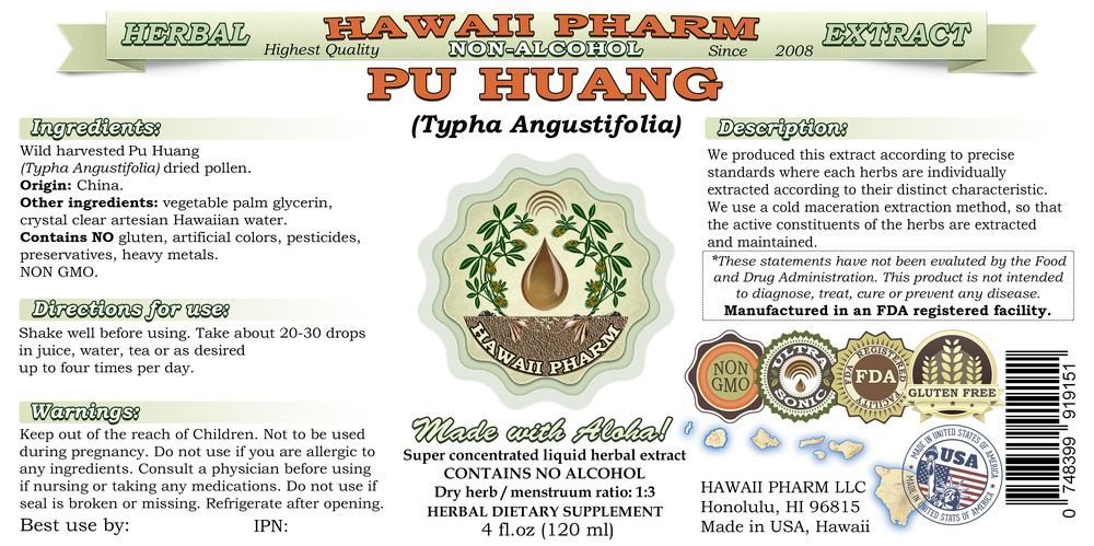 Pu Huang Alcohol-Free Liquid Extract - Cattail Pollen Glycerite Herbal Supplement (Typha Angustifolia) | 64 fl.oz | Natural Remedy for Circulation & Women's Health | Made in USA by Hawaii Pharm | Great for Tea Blends & Holistic Wellness Routines
