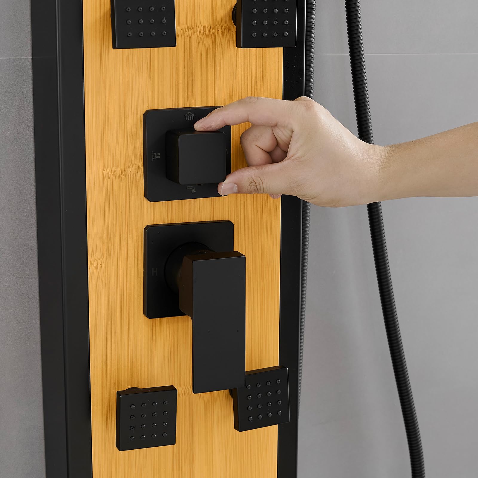 Premium BWE Stainless Steel 8-Jet Shower Panel System - Multi-Function Wall Mount Shower Column with Handheld Wand, Black & Bamboo Design for Luxurious Spa-Like Bathroom Experience