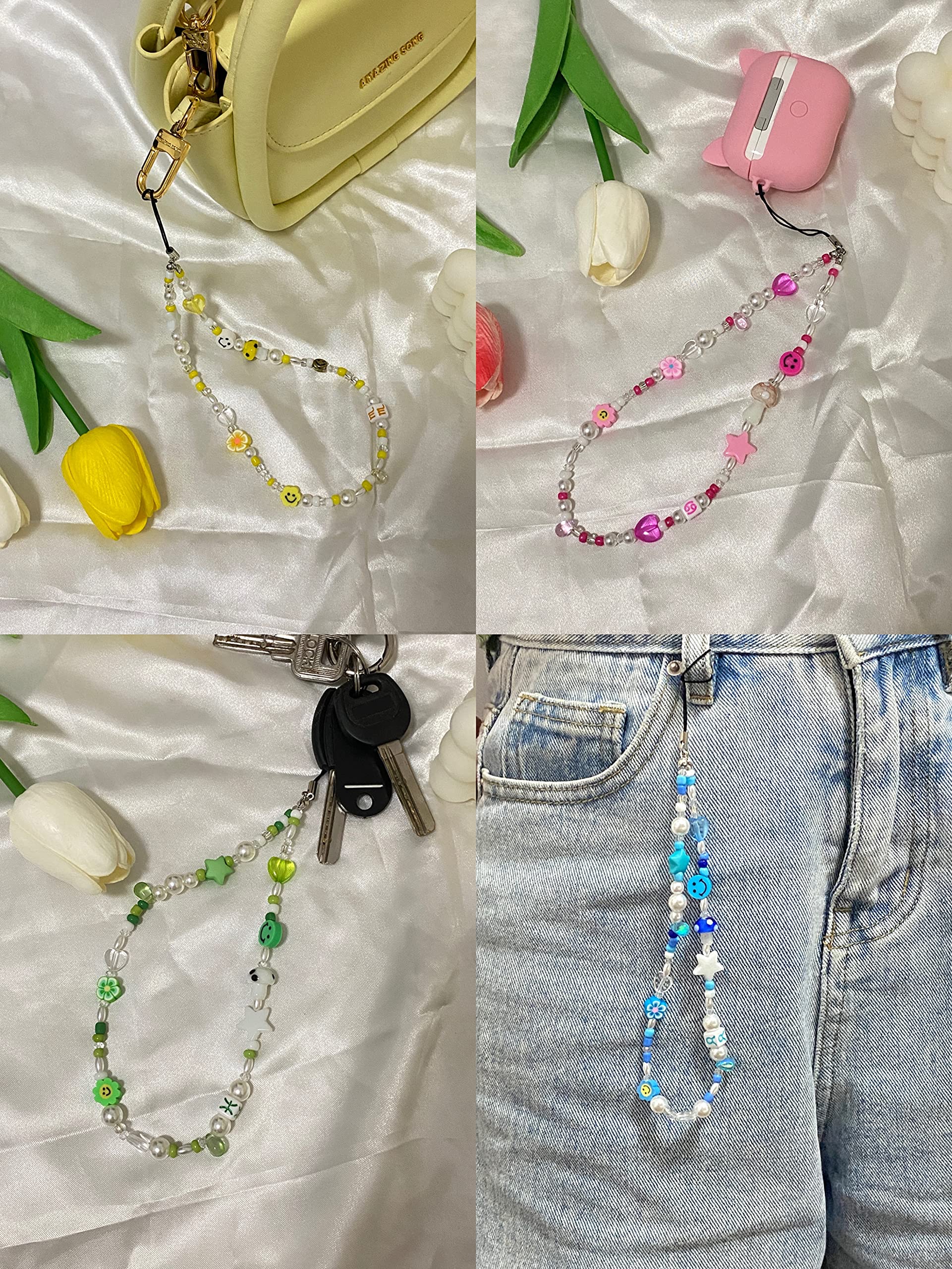 Beaded Phone Charm & Lanyard Wrist Strap - Polymer Clay Smiley Face Beads Bracelet Keychain Jewelry for Cell Phone - Perfect for School, Office, and Gift Giving
