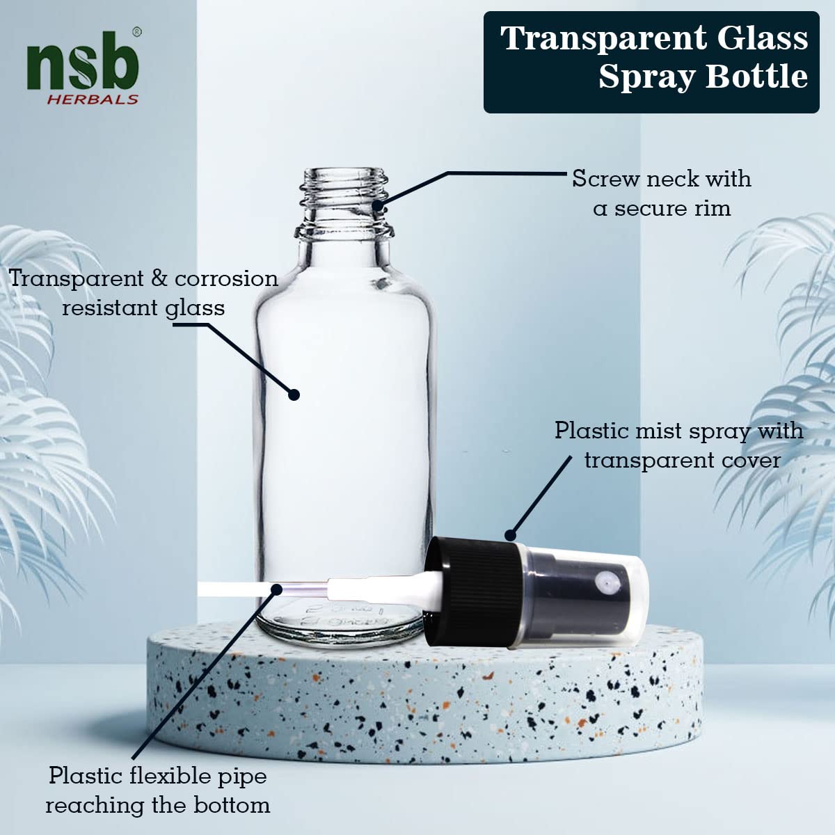 NSB Herbals 50ml Refillable Clear Glass Fine Mist Spray Bottles with Pump - Perfect for DIY Perfume, Essential Oils, Aromatherapy Blends, Floral Waters & Beauty Products (3-Pack) | Great for Home, Travel & Salon Use