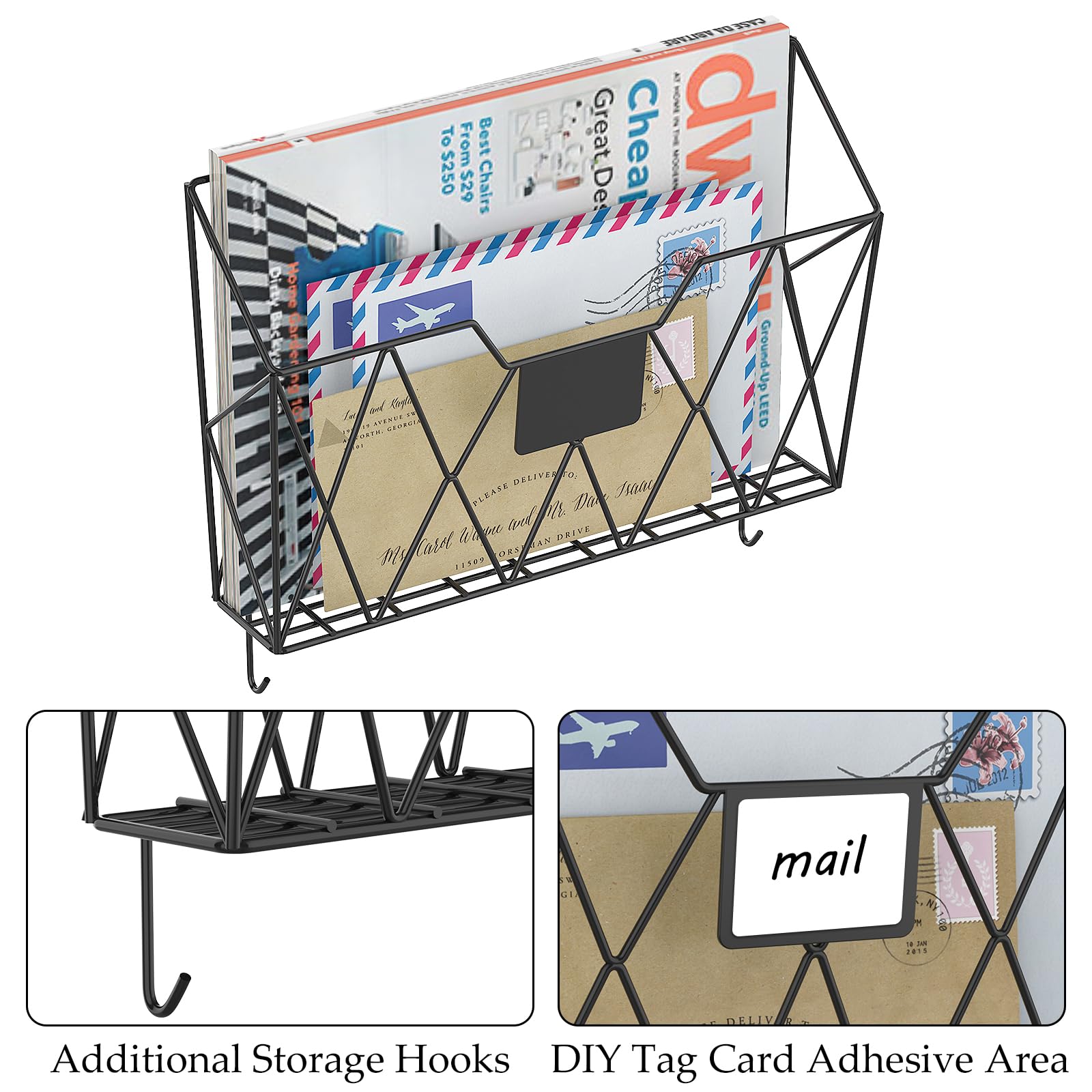 YBING 6-Pack Mesh Wall File Organizer with Hooks - Hanging Wall Mount Magazine Rack, Mail & Paper Holder for Office, Home - Perfect for Organizing Folders, Documents, Clipboards in Black (Ideal for Small Spaces & Home Office Organization)