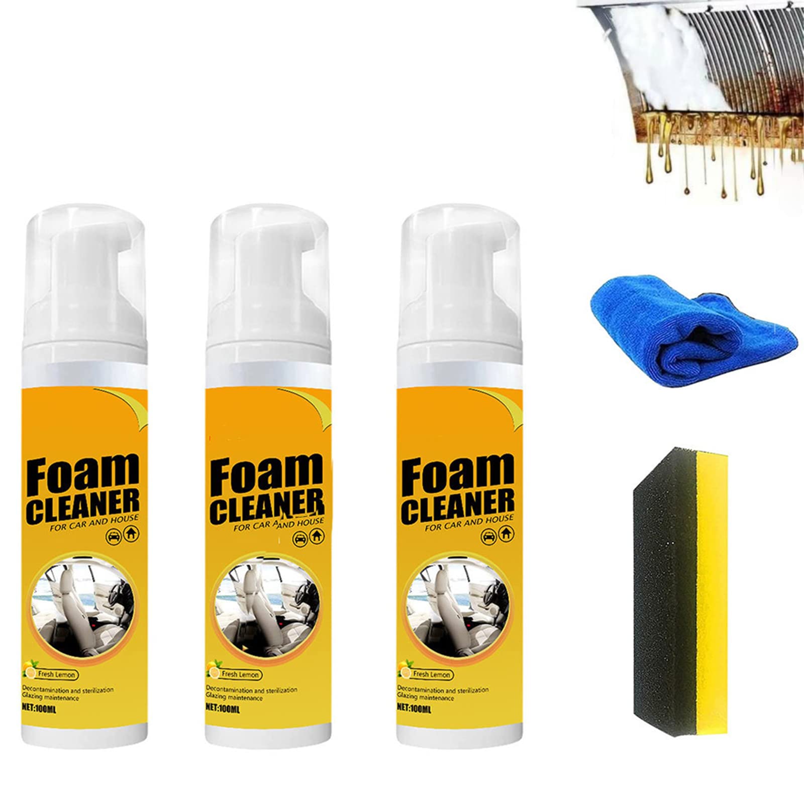 DIZHIGE Multipurpose Foam Cleaner Spray 100ml (3 Pack) - Lemon Scent All-Purpose Household Cleaner for Car, Kitchen, Bathroom & Home Surfaces - Effective Degreaser & Stain Remover for Tough Messes