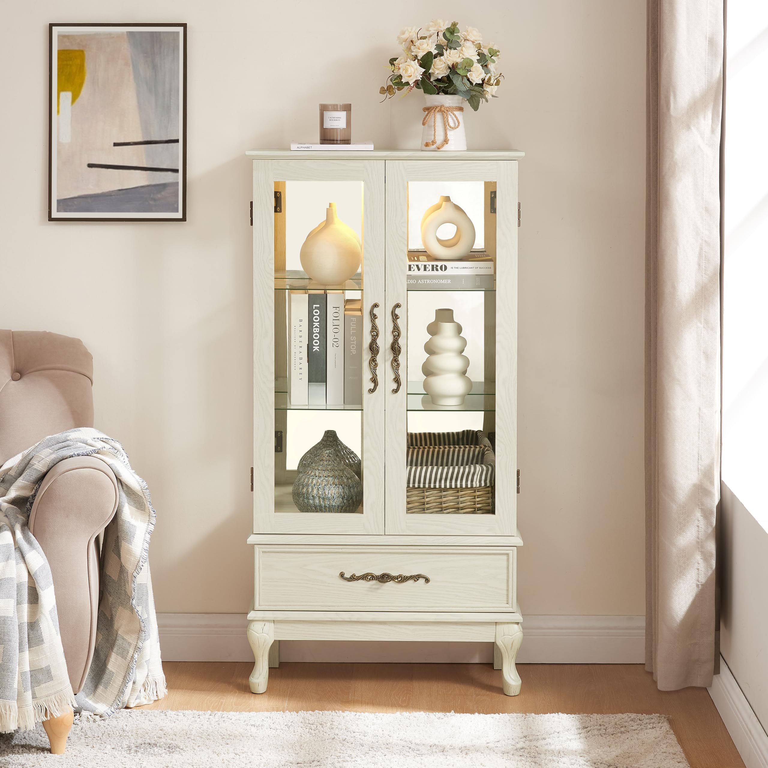 Dolonm 3-Tier Glass Door Curio Cabinet with LED Lights & Drawer - Adjustable Shelf Display Cabinet for Living Room, Kitchen, Office - Perfect for Showcasing Collectibles, China, or Home Decor (White)