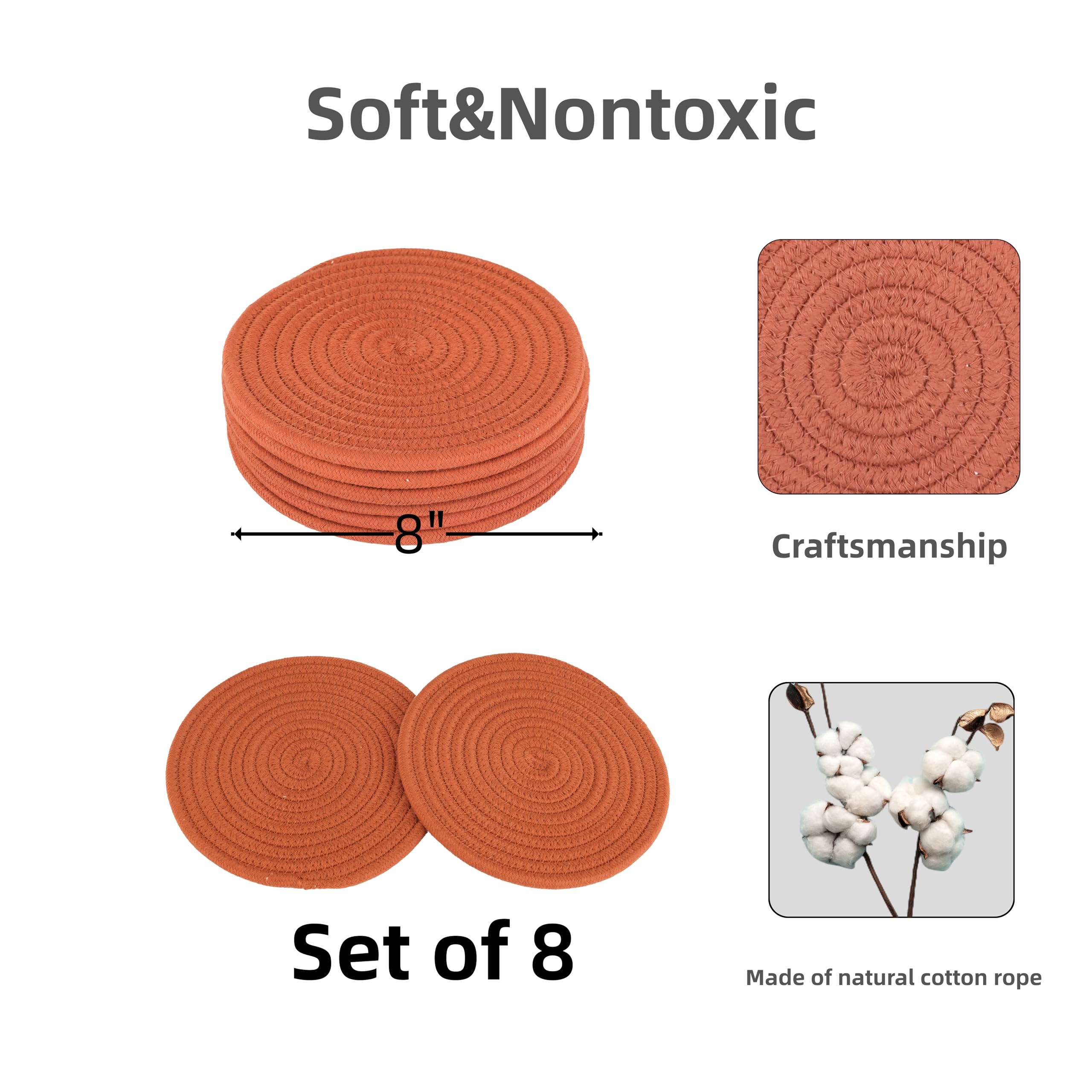 8-Piece Cotton Trivet Set - 8 Inch Heat Resistant Pot Holders & Coasters for Kitchen Countertops - Hot Pads for Dishes, Pots, Pans, Teapots & Bowls - Rustic Style for Dining & Entertaining