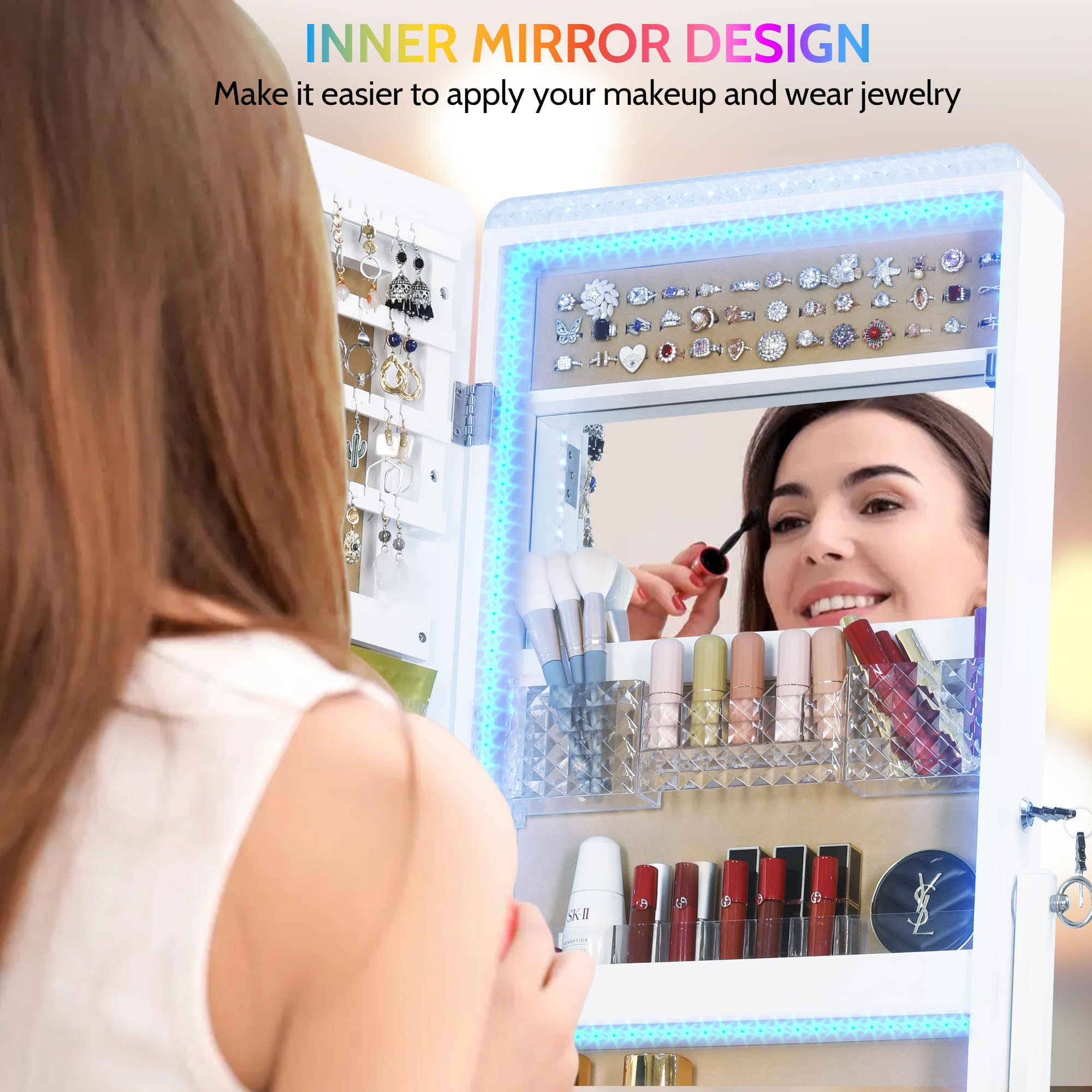 LVSOMT White Full-Length LED Jewelry Mirror Cabinet with 14 RGB Lights - Dimmable & Adjustable Speed Standing Jewelry Armoire Organizer - Perfect for Bedroom, Dressing Room and Vanity Makeup Area