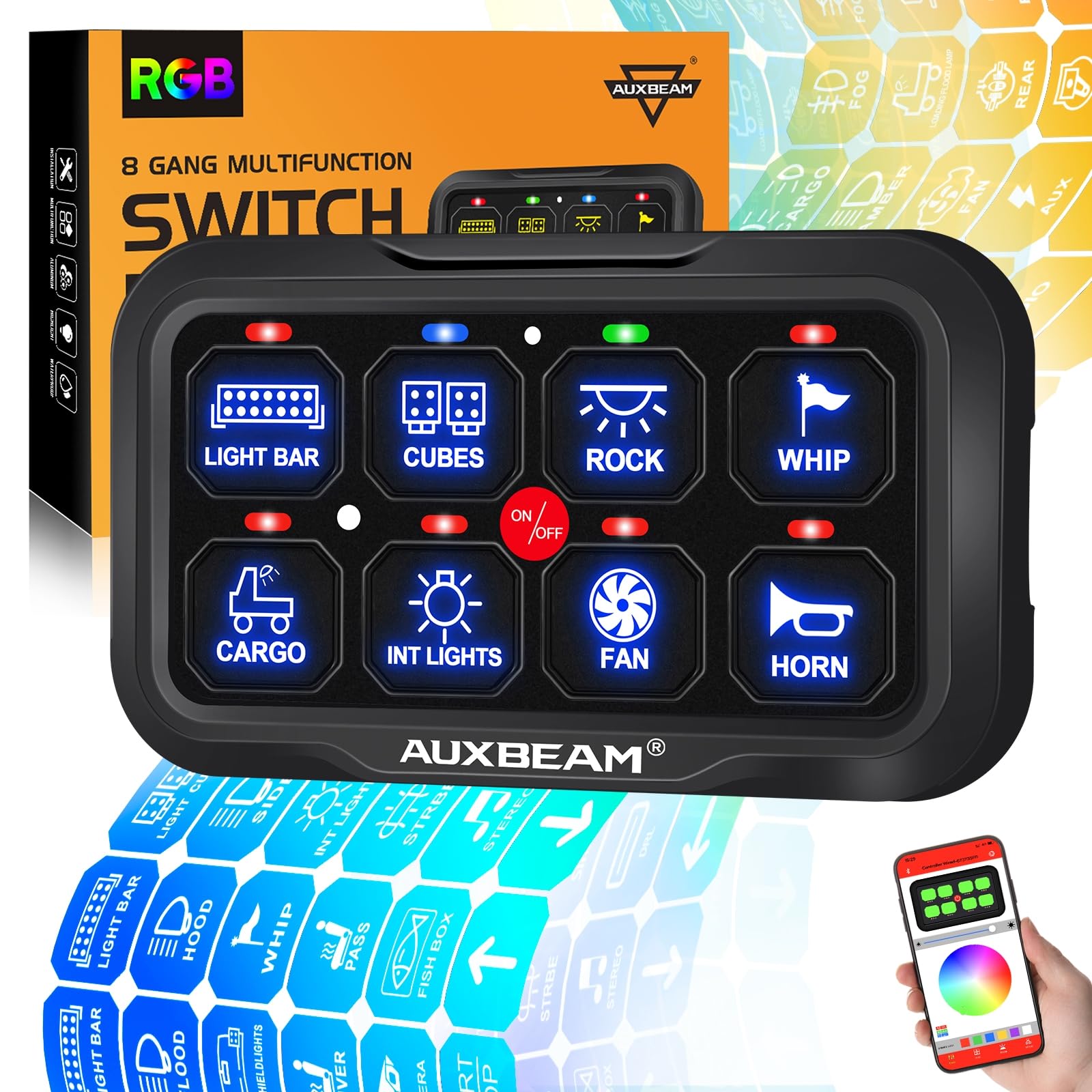 Auxbeam 8 Gang Switch Panel AR-820 Bluetooth RGB Switch Pod - Waterproof Multifunction Toggle Control Panel with Momentary/Pulsed Modes for UTV, ATV, Truck, Car, RV & Boat | Auto Dimmable LED Backlight | Perfect for Off-Roading, Marine & Camping Adventures | 2-Year Warranty