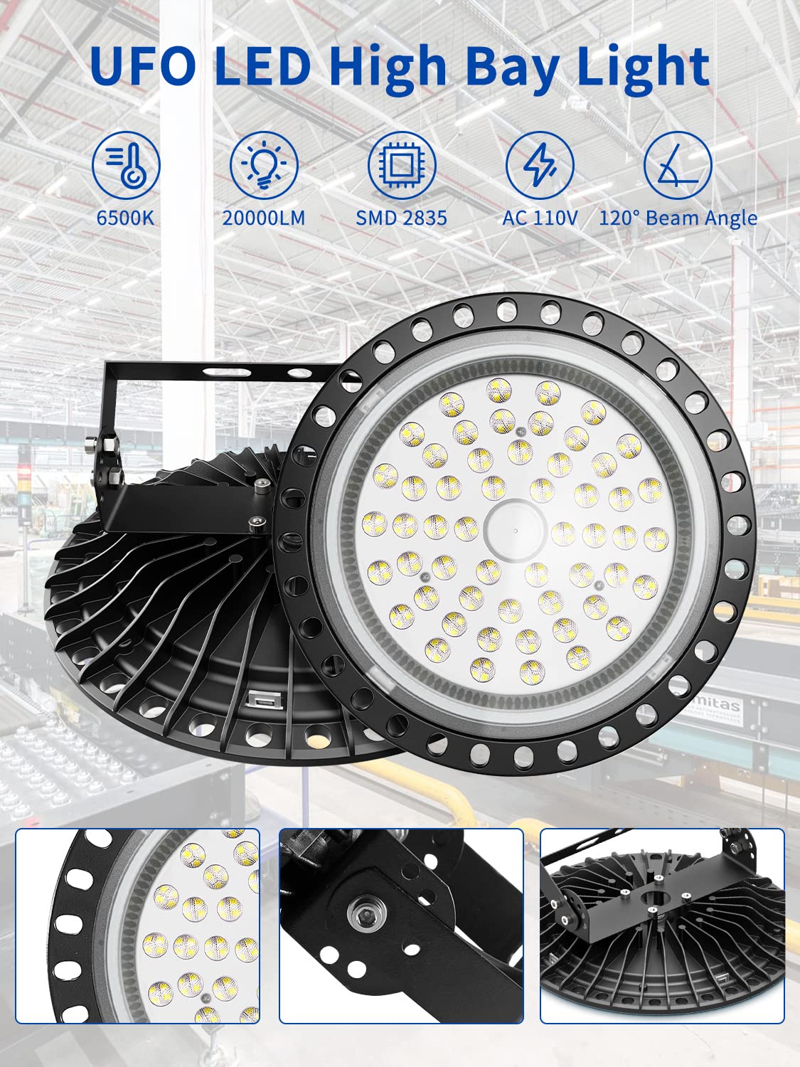 200W 20000LM UFO LED High Bay Light - 6500K Daylight, IP65 Waterproof Commercial Lighting for Warehouse, Gym, Factory & Garage - Energy Efficient LED Shop Light for Indoor/Outdoor Industrial Spaces