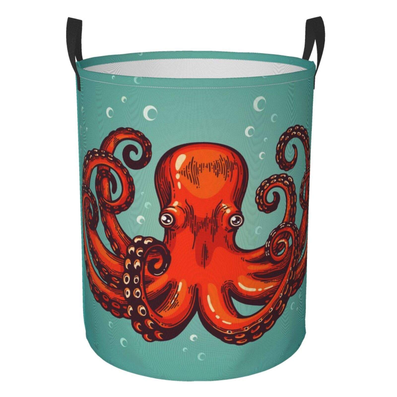 FeHuew Retro Octopus Collapsible Laundry Basket - Waterproof Fabric Hamper with Handle for Clothes, Toys & Bathroom Storage | Large Foldable Organizer Bin for Dirty Laundry, Beach, Dorm & Nursery