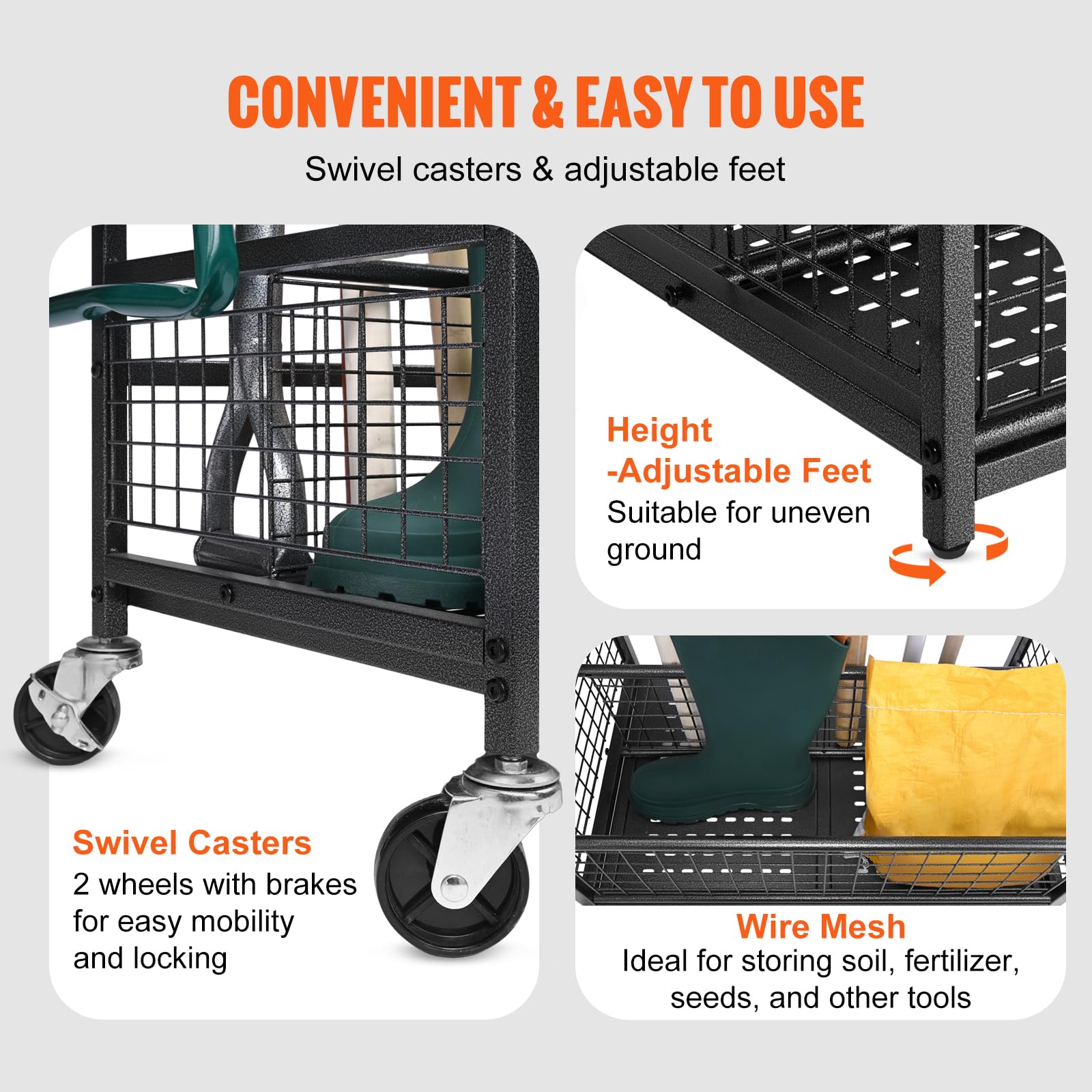 VEVOR 16-Slot Garden Tool Organizer with Hooks & Wheels - Heavy Duty Metal Yard Tool Tower Rack for Garage, Shed & Outdoor Storage - Perfect for Long-Handled Tools, Rakes & Brooms - Ideal for Home, Farm and Garden Organization