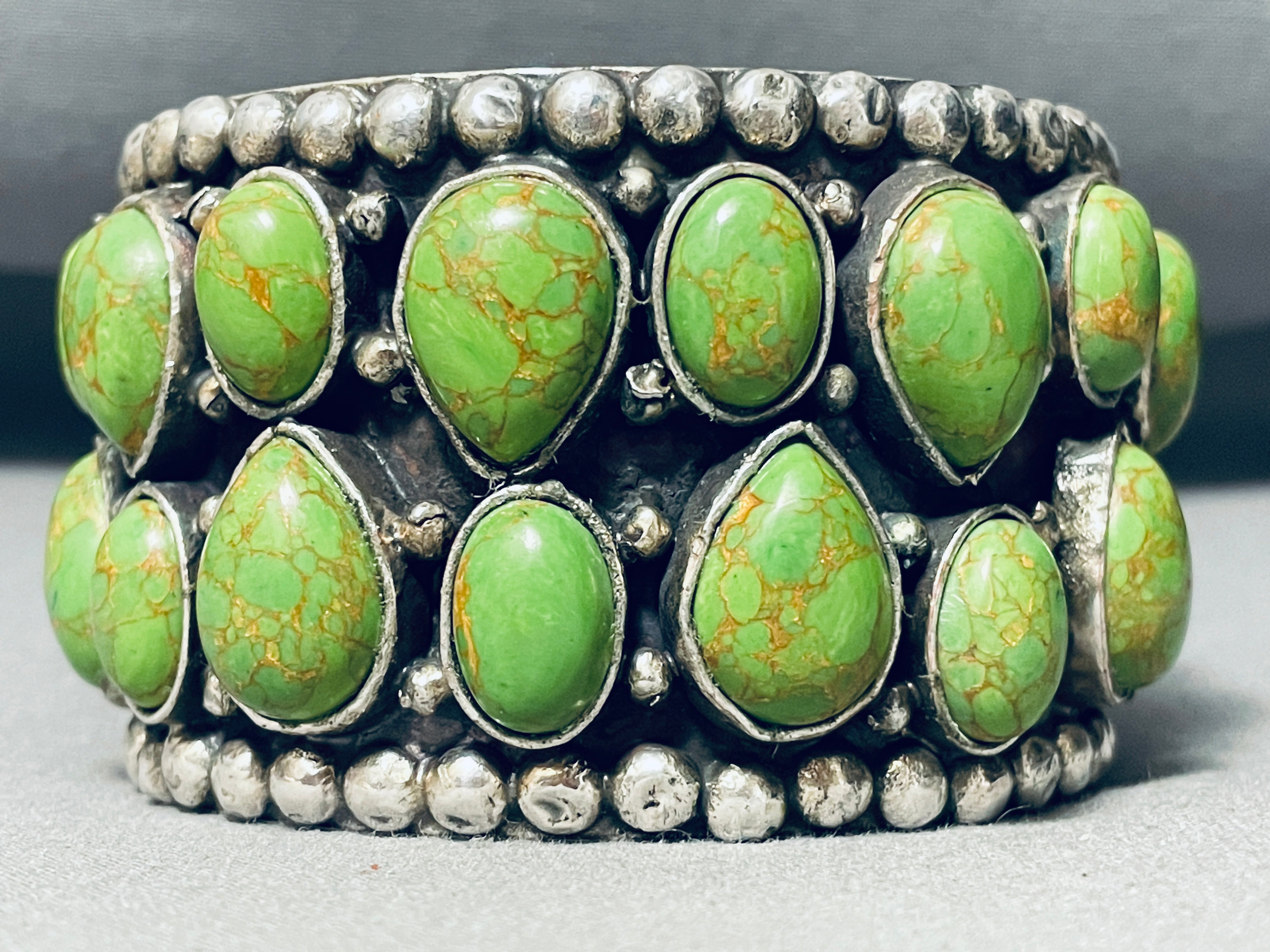 108 Grams Monster Vintage Native American Navajo Sterling Silver Gaspeite Bracelet - Handmade Southwest Jewelry for Women, Boho Chic Accessory - Perfect for Festivals, Weddings & Gift Giving