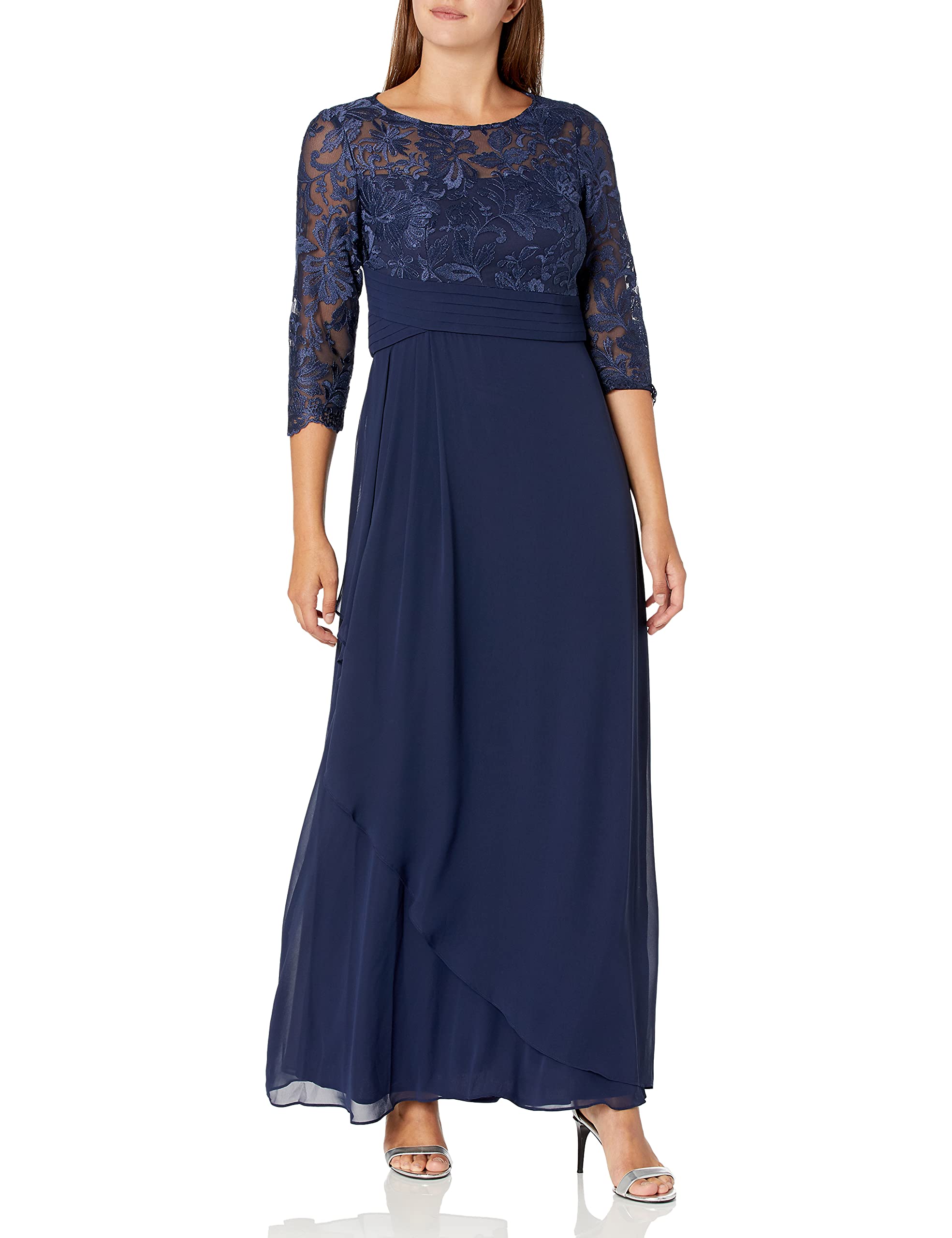 Alex Evenings Women's Long Lace Top Empire Waist Dress - Elegant Formal Gown for Prom, Wedding & Evening Events | Plus Size Options Available