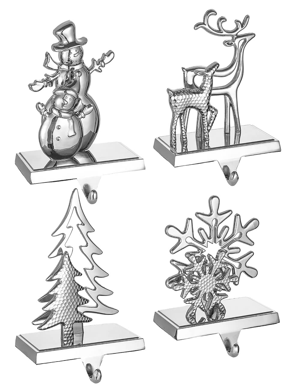 4 Pack Christmas Stocking Holders for Mantel - Snowflake, Snowman, Reindeer & Tree Hangers - Silver Fireplace Stocking Hooks for Holiday Decor (Perfect for Christmas Mantel Decorations & Gift Hanging)