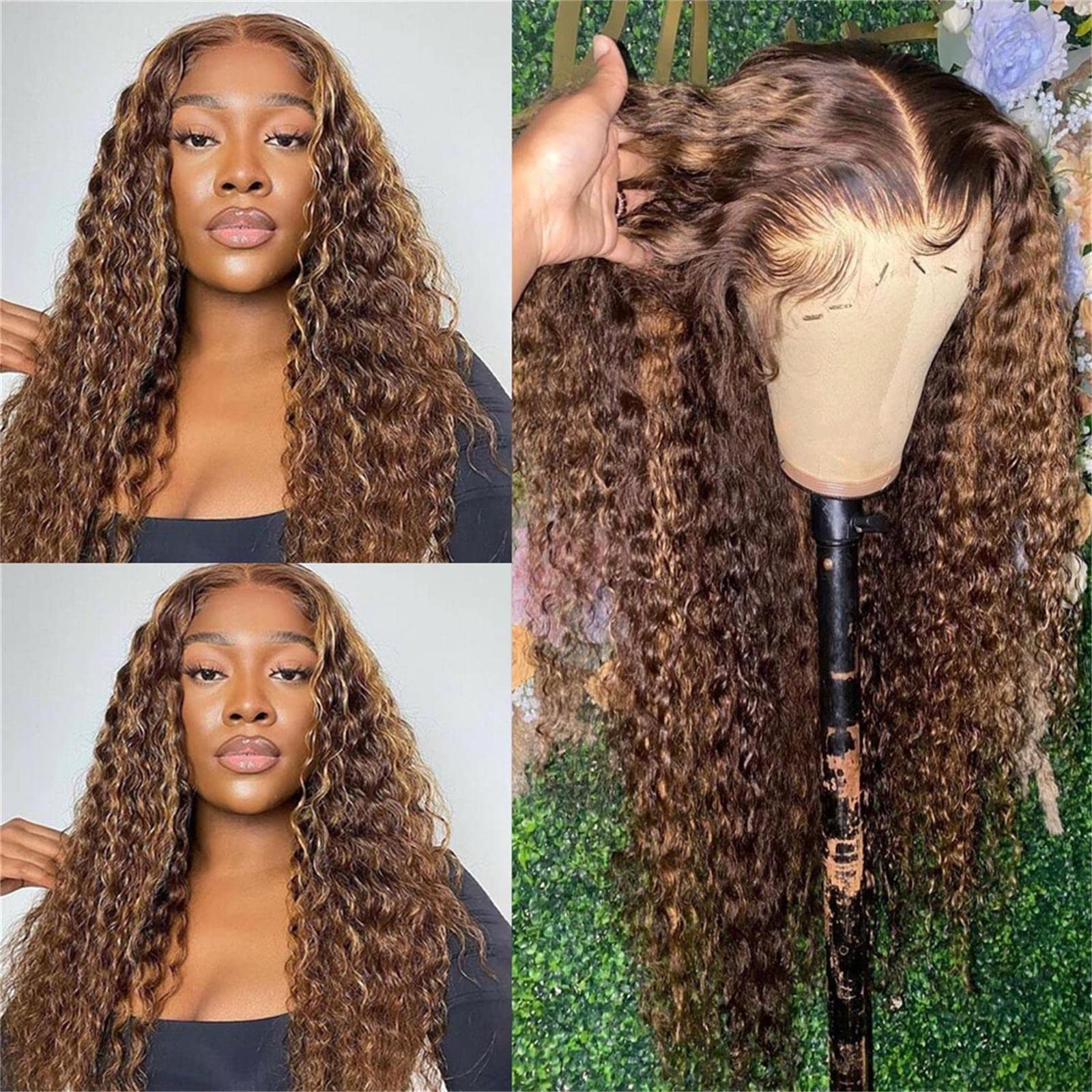 13x4 Transparent Lace Front Human Hair Wig - 28 Inch Ombre Honey Blonde to Brown Deep Curly Brazilian Virgin Hair - Pre Plucked 150 Density Lace Front Wig for Black Women | Perfect for Daily Wear, Parties & Special Occasions