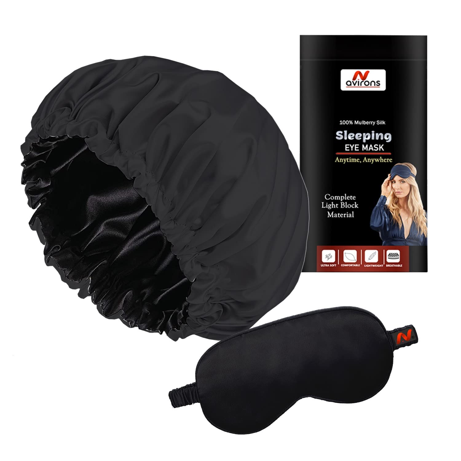Avirons Satin Silk Hair Bonnet & Sleep Mask Set - Reversible Silk Night Cap for Women with All Hair Types | Soft Satin Hair Protection for Sleeping, Travel & Home Care | Prevents Breakage & Frizz